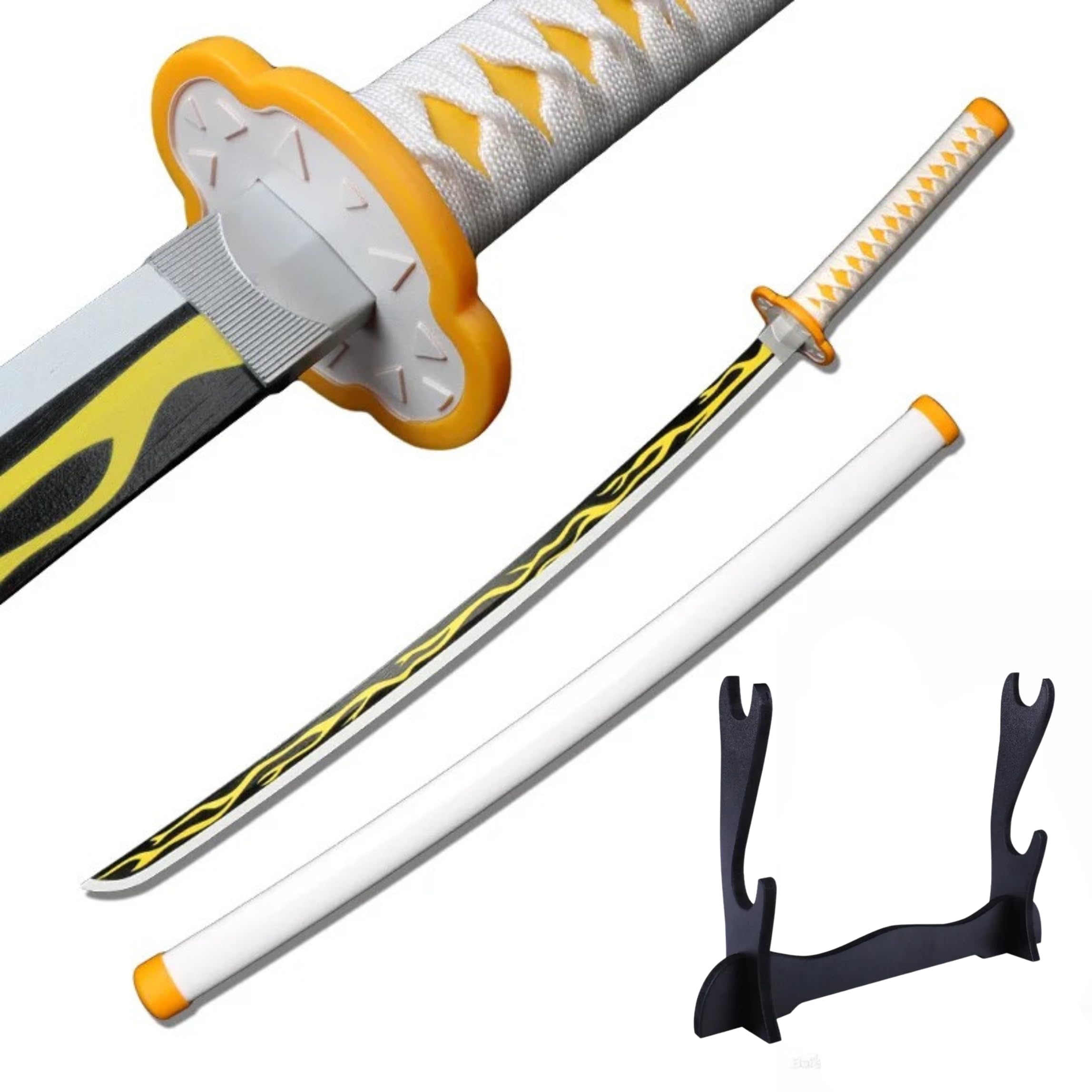 EXCELCHOICE Demon Slayer Zenitsu Katana Wooden Sword Toy Life Size Nichirin 104CM Zenitsu Bamboo Wood Katana with Stand Anime Cosplay Replica (Stand: Double Layer)