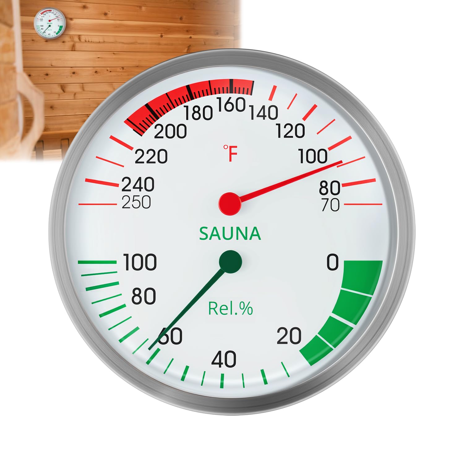Stainless Steel Sauna Hygrometer Thermometer with Color-Coded Dial 5" Large Display,70-250°F, 0-100%,Heat-Resistant,Easy to Read Humidity Temperature Gauge for Home Spa, Steam Rooms-image-3