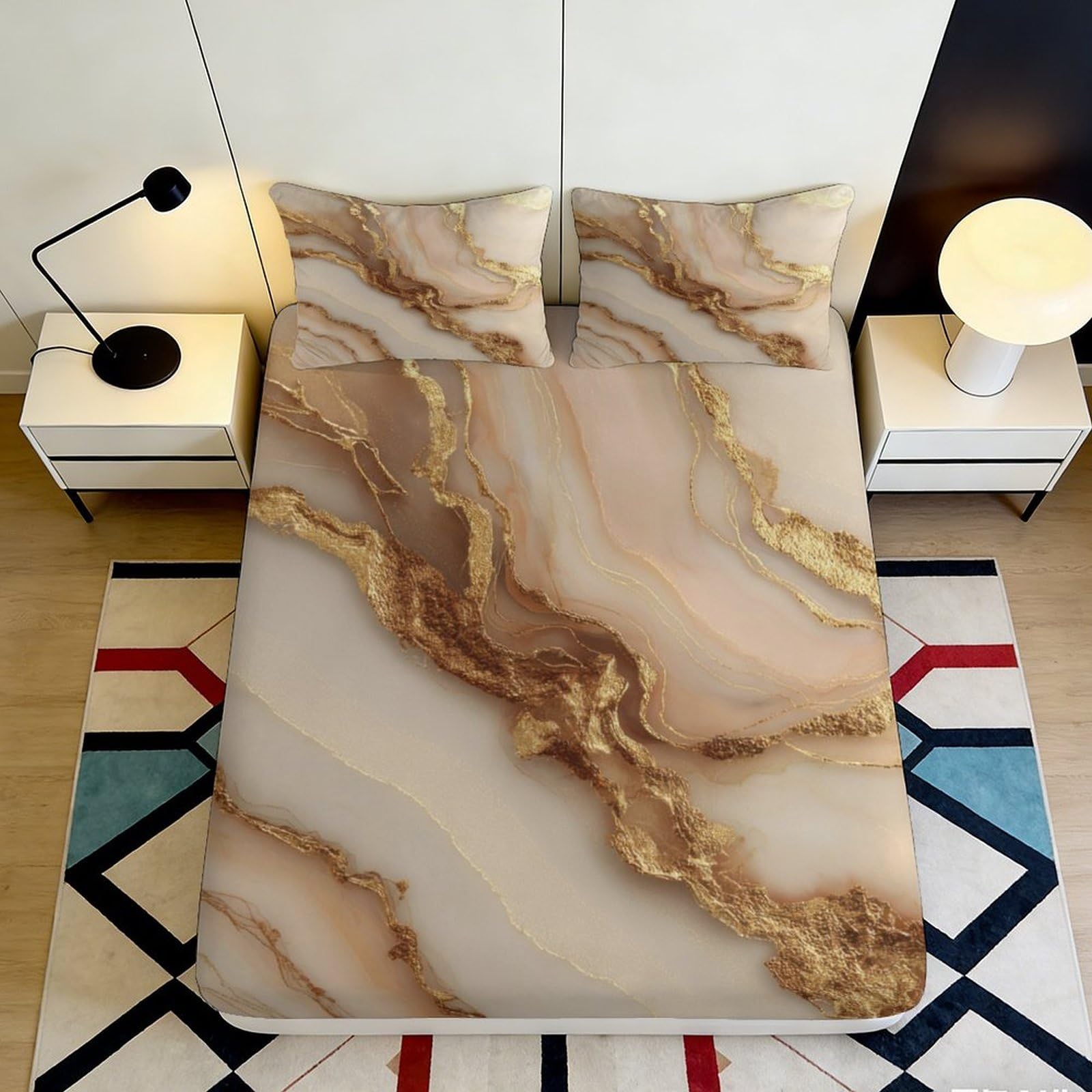3D Printed Marble Gold Vein Fitted Sheet Microfiber Soft Non-Slip Mattress Cover for Bedroom Decor Dustproof 90x200x25cm