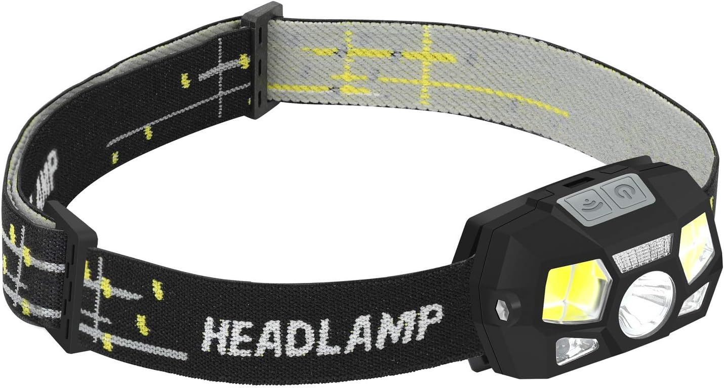 Snado USB Rechargeable LED Head Torch Flashlight, Waterproof Lightweight Headlamp with Red Warning Lights, 5 Modes Headlight for Cycling Running Camping Hiking Fishing and More