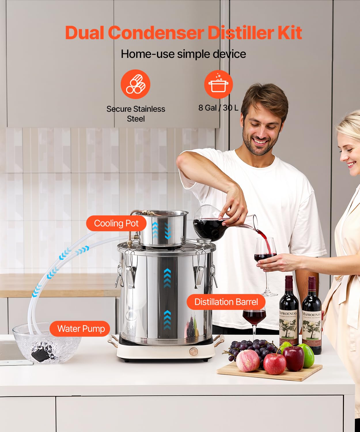 VEVOR Destilador de Alcohol Acero Inoxidable 30 L con Bobina de Cobre, Kit de Fermentación para Cerveza Casera con Termómetro y Bomba