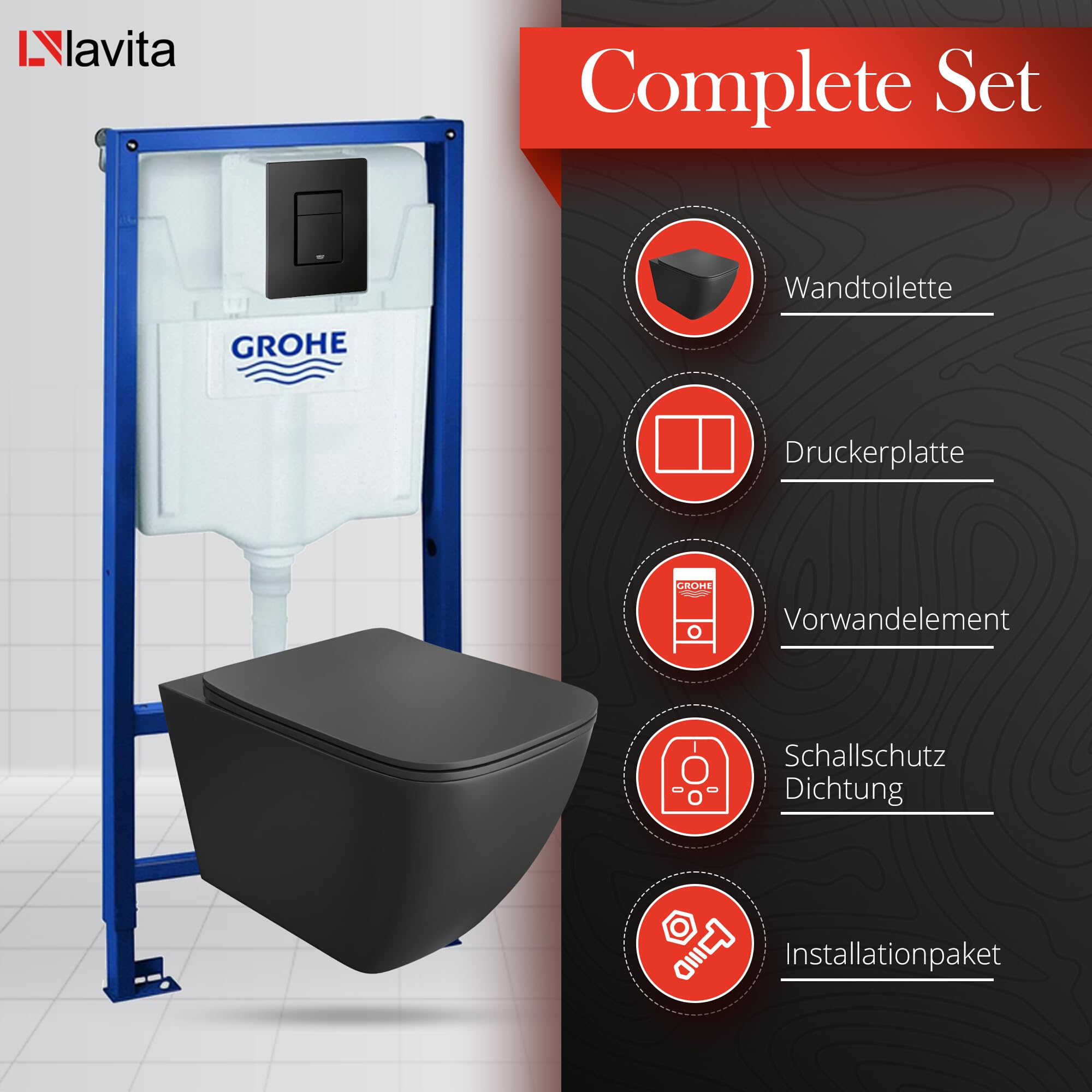 LAVITA Elemento de pared Solido + pared colgante Onil negro sin borde + asiento de inodoro de cierre suave | botón negro | juego completo | cisterna empotrada | inodoro completo