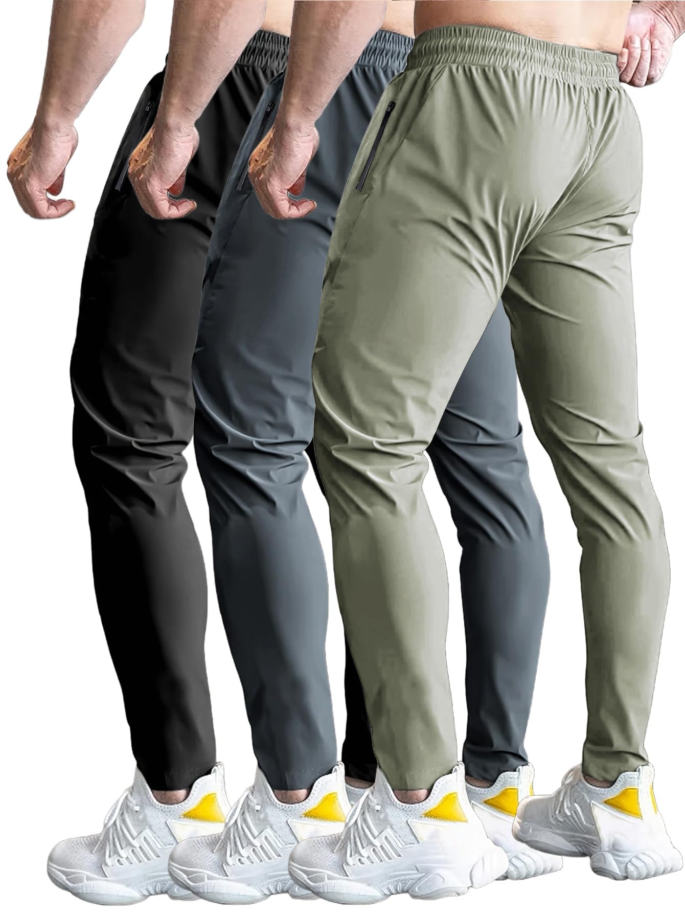 Hidkat Confezione da 3 pantaloni da jogging ad asciugatura rapida da uomo per corsa e allenamento in palestra – Pantaloni leggeri elasticizzati con tasche con cerniera