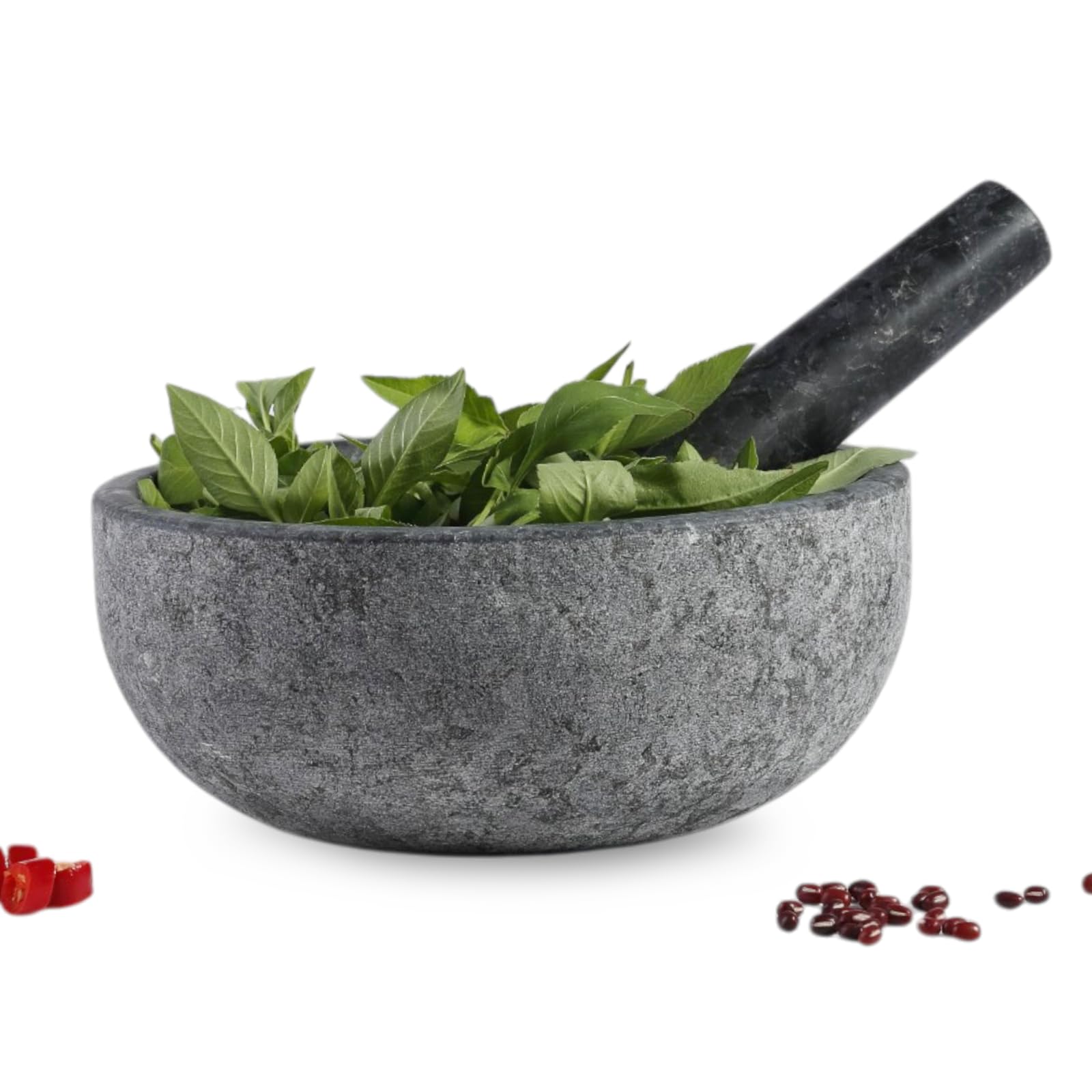 Koville Juego de mortero y pilón de granito natural, cuenco grande de 8 pulgadas para guacamole, salsa, trituradora de píldoras, especias, hierbas, ajo, nueces, molinillo resistente para cocina con