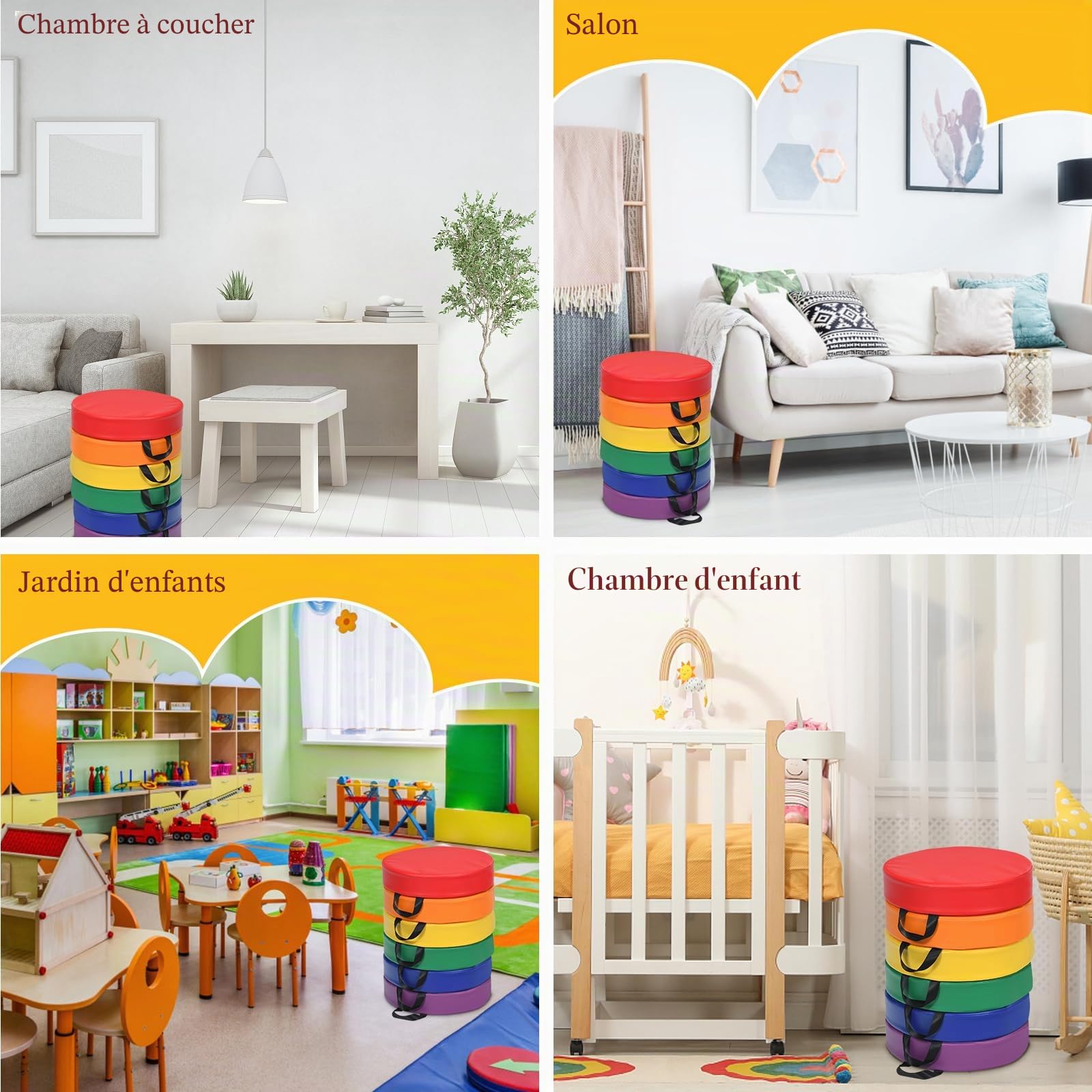 LIFEZEAL Lot de 6 Coussins de Chaises pour Enfants, Galette de Chaise en Mousse et PU, Coussin de Sol Empilable Multicoloré avec Poignée, 38x38x8 CM, Intérieur et Extérieur (Rond Arc-en-Ciel)