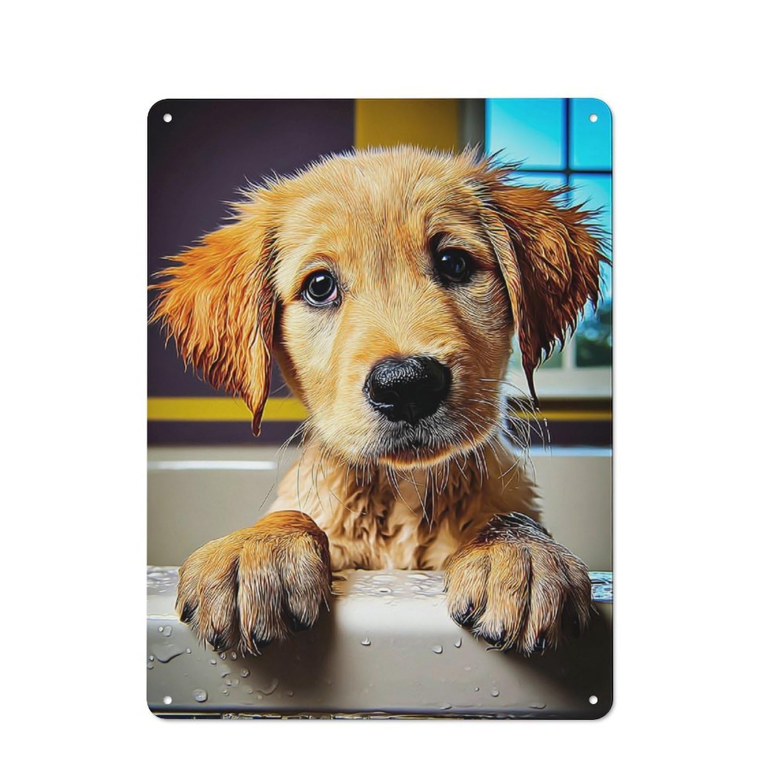 Junmoney Golden Retriever Puppy Bath Time-1 Vintage Bistro Metal Sign 40X30cm, Bistro Wall Plaque For Takeaway, Bar, Kitchen Or Counter Area