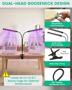 Bird Cage Light with UVA UVB, Full Spectrum Bird Lamp for Parrots | Dual-Head, 3 Modes, 4 UVB Levels (1.0-3.5), 24H Timer, 68 LEDs, Solid Wood Perch Included