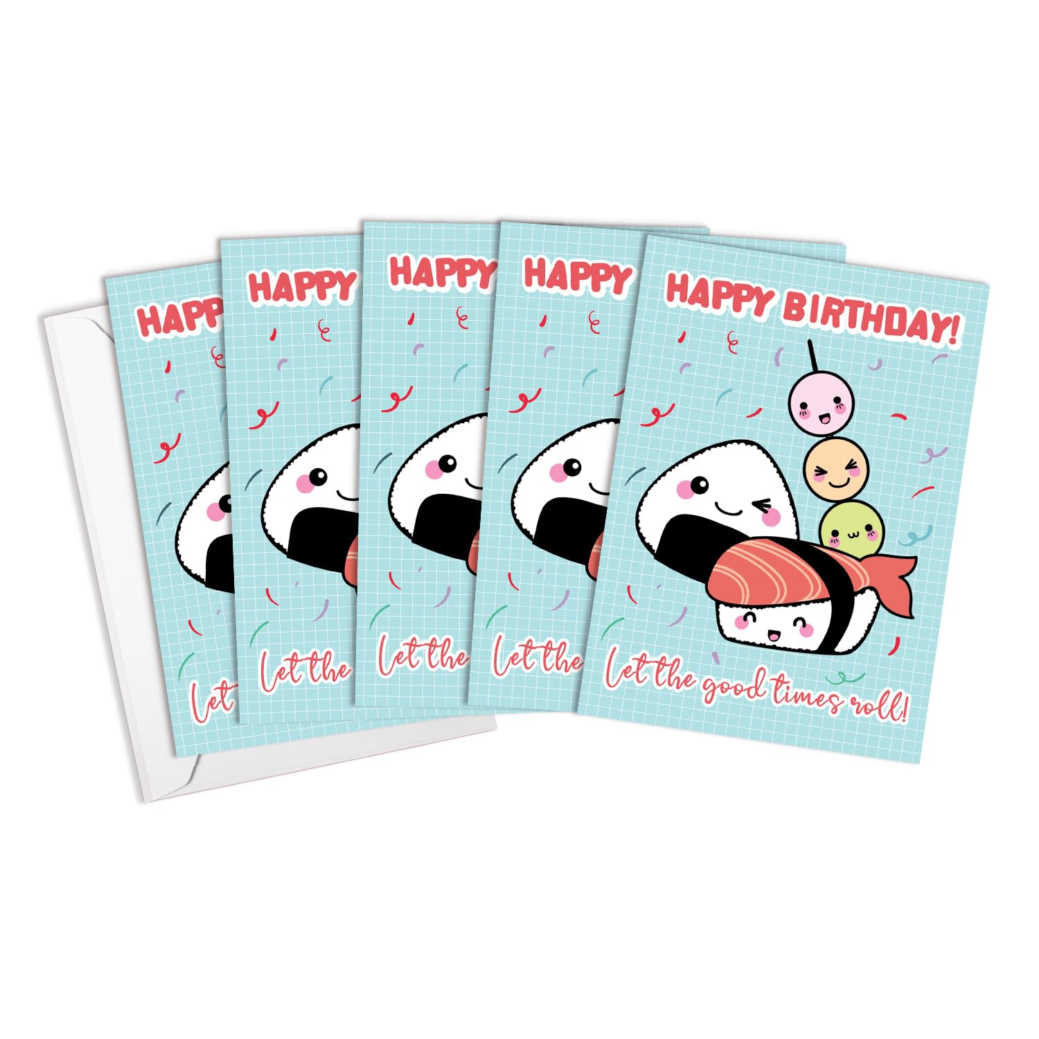 Happy Birthday Greeting Cards - Japanese Style Cute Kawaii Art Card with Envelope (Sushi Celebration - Pack of 5)