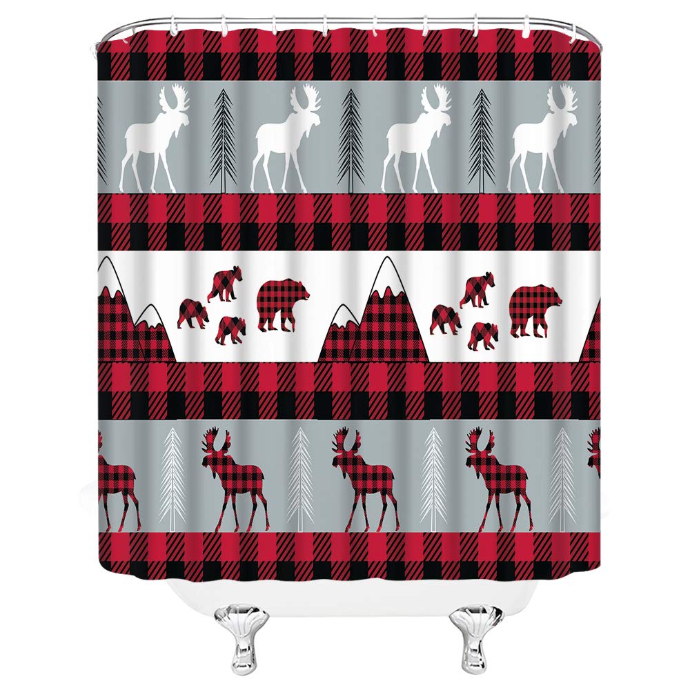 Bear Shower Curtain Rustic Buffalo Plaid Farmhouse Cabin Wild African Animal Bear Elk Deer Moose Vintage Hunting Home Bathroom Decor Fabric Curtain with Hooks?Red Black White