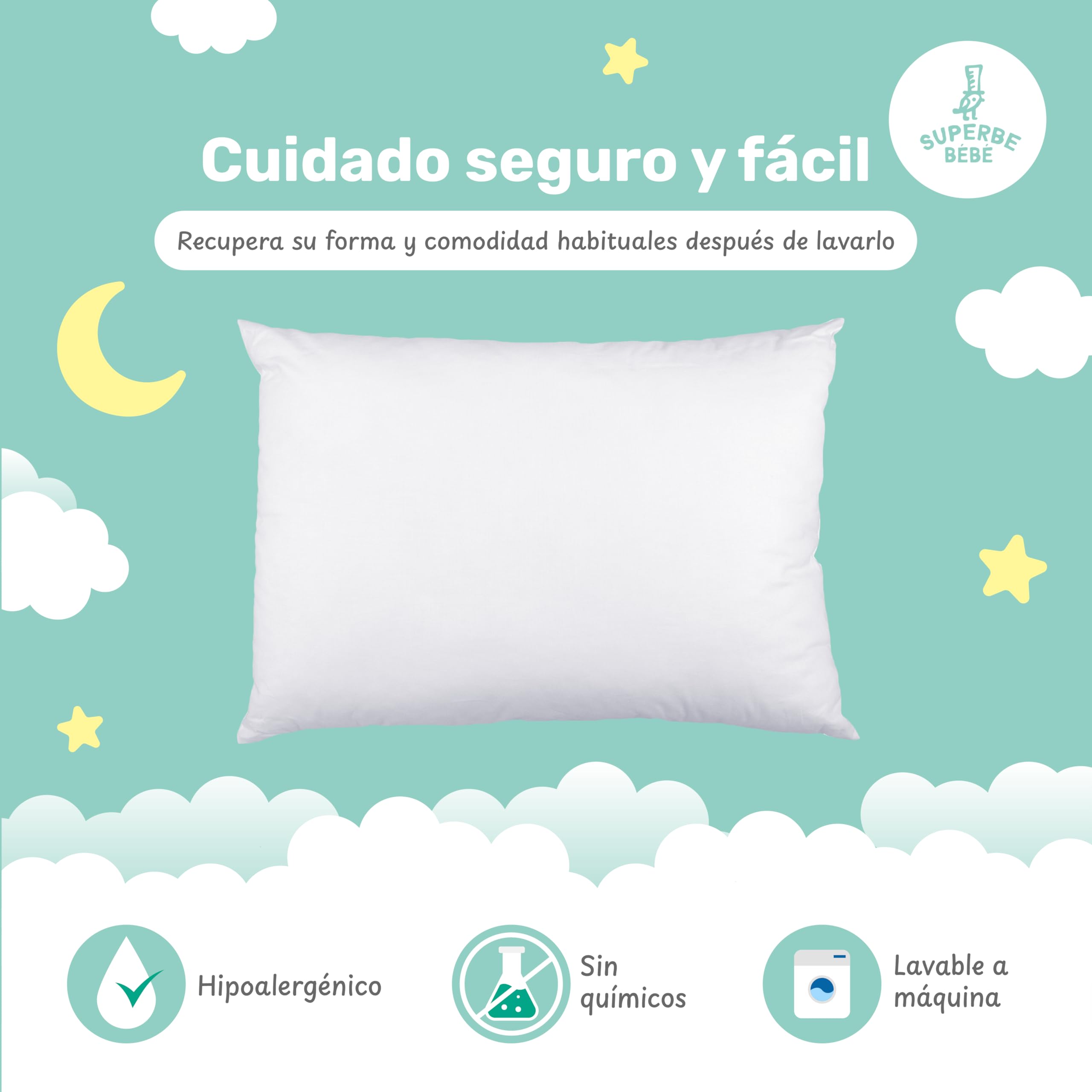 Almohada Infantil Blanca 33x45 Cm De Algodón Oeko-Tex - Almohada Cuna Bebe Y Niños- Cojin Pequeño para Bebés para Siestas En La Guardería, Escuela Y Viajes - 1 Año 2 Años