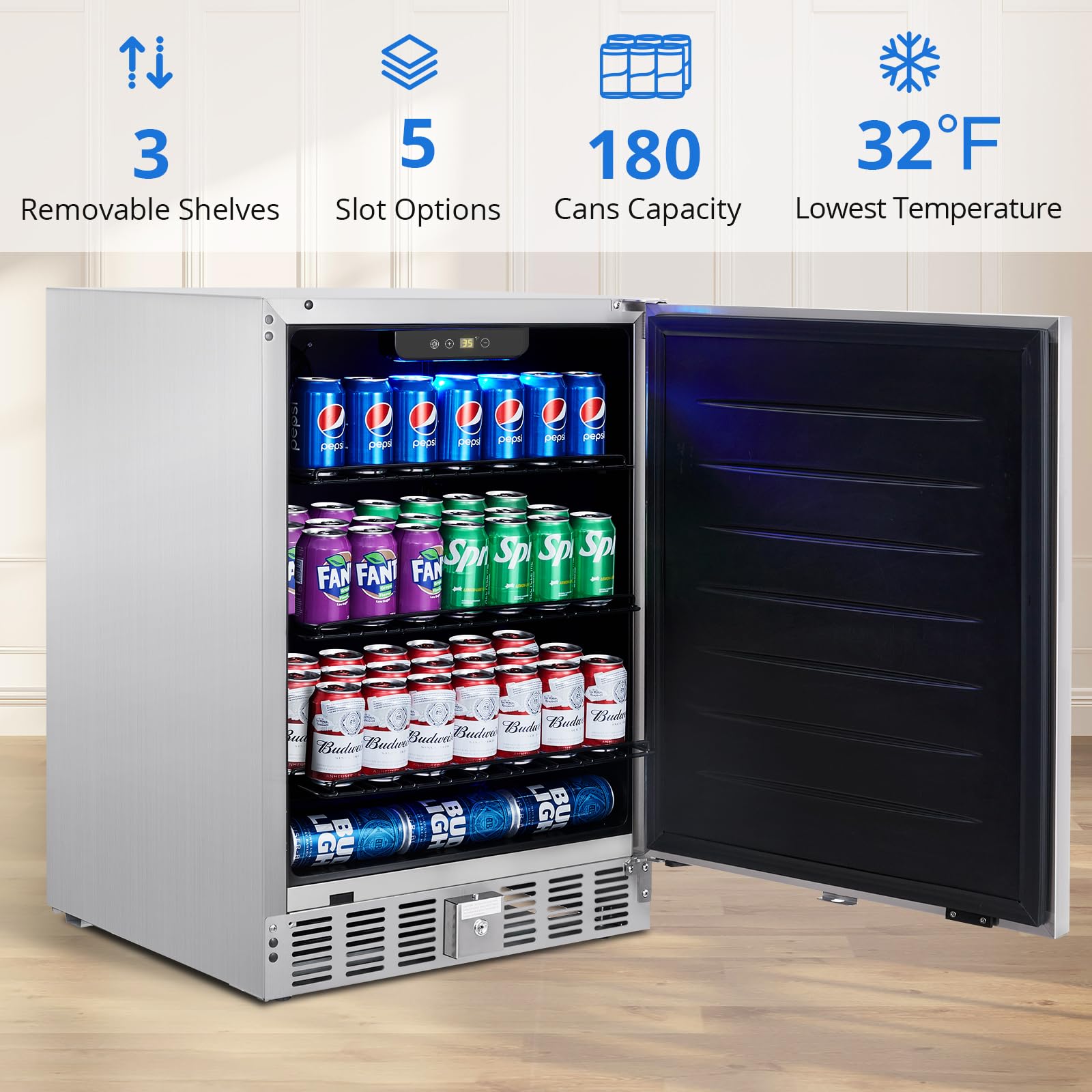 Garvee Beverage Fridge 24 Inch, Stainless Steel Under Counter Beverage Refrigerator 180 Capacity Freestanding Beer Drink Soda Cooler Fridges for Indoor Kitchen, Apart, Office, Home, Supermarket on Fridge.com