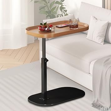 Side Table C Shape Height Adjustable 30 x 45 cm Wooden Small Coffee Table Sofa Table with 360  Rotation Oval Couch Sofa Bed Side Table with Raised Edge Side Table Laptop Table for Living Room Wood