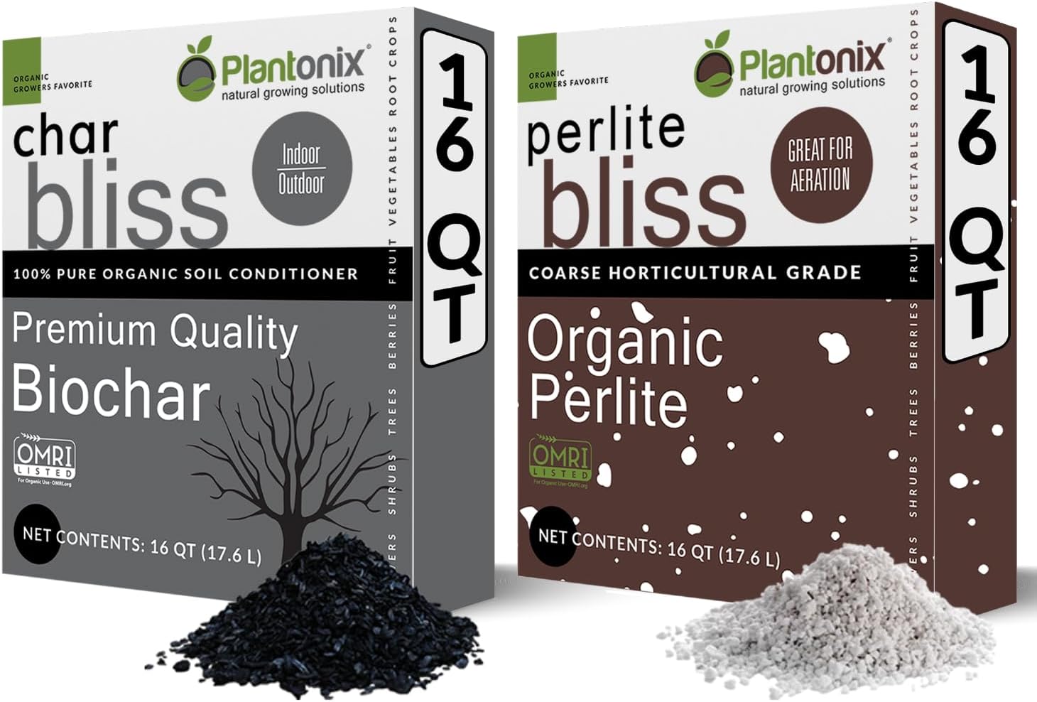 Perlite Bliss (16 Qts) + Char Bliss (16 Qts) - Organic Perlite for Plants & Organic Biochar for Plants - Biochar Soil Amendment - Charcoal for Plants - Horticultural Perlite Bulk Soil Amendment