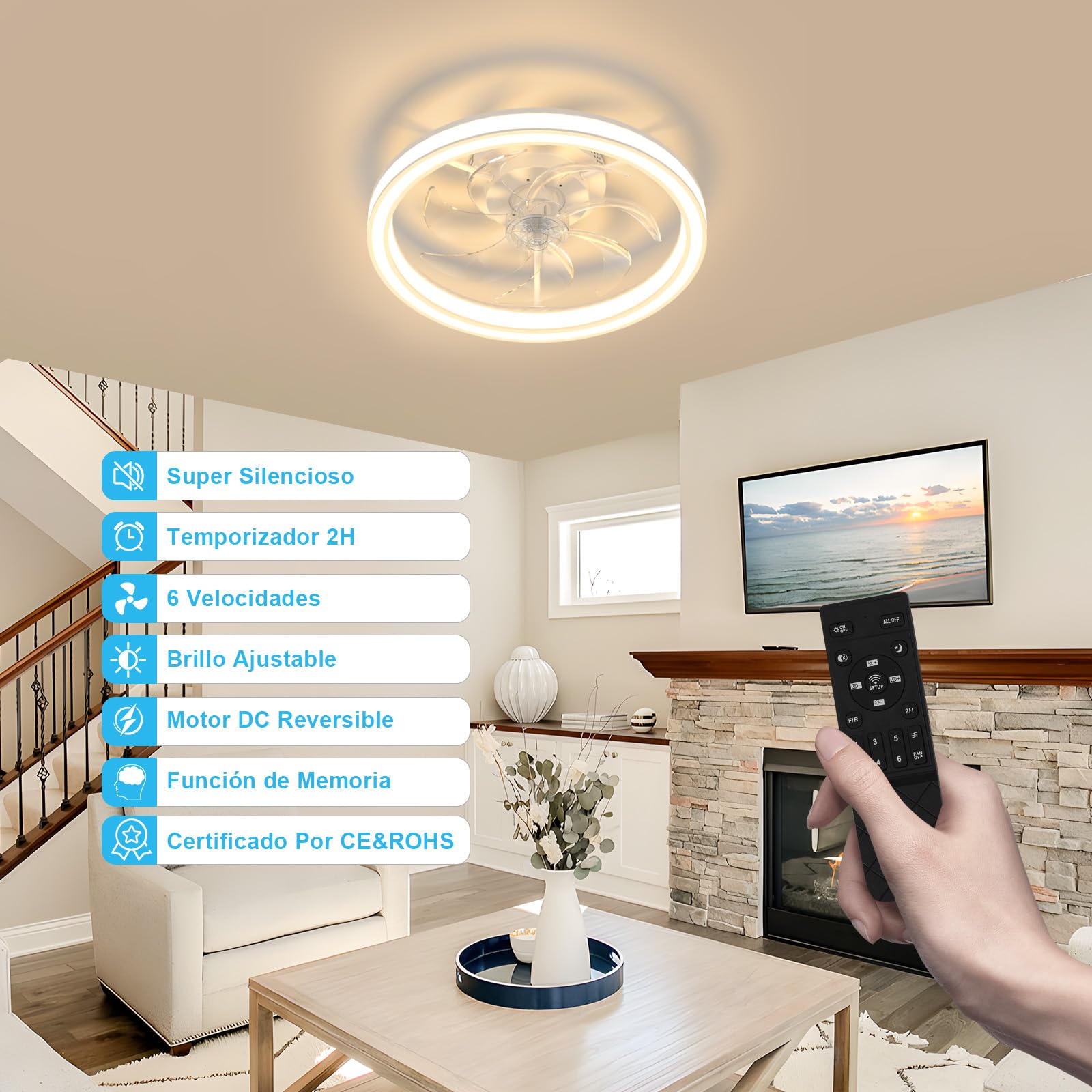 Ventilador de Techo con Luz LED 48CM, Lámpara Ventilador Techo con Control Remoto, Motor Silencioso con 6 Velocidades Reversibles, Temporizador, Luz Ventilador Techo Dormitorio, Blanco