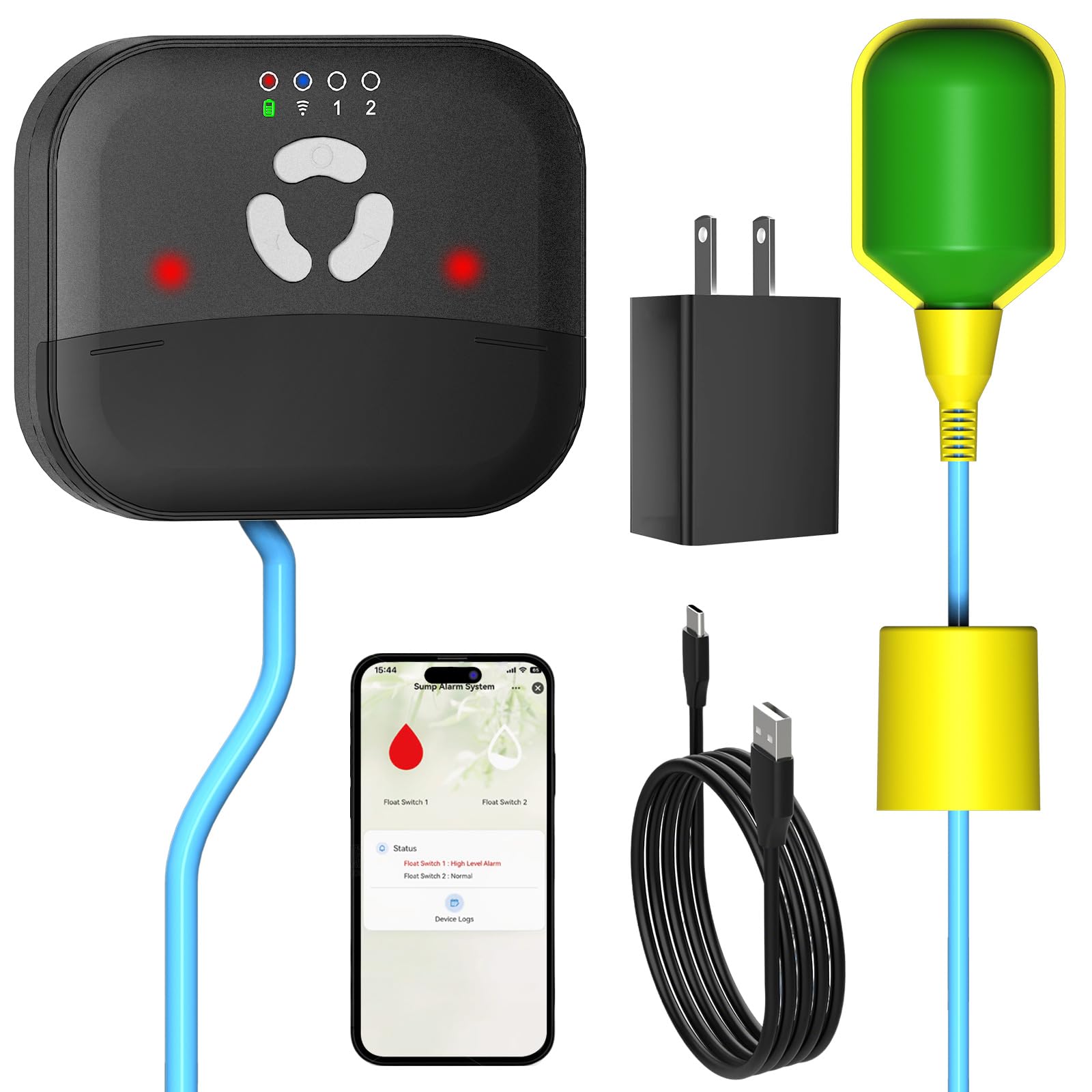 Alarma inteligente de bomba de sumidero alto WiFi, interruptor de flotador, alerta de nivel de agua, notificaciones de aplicación gratuitas, IP44 impermeable, sirena de 90 dB y LED intermitente, para