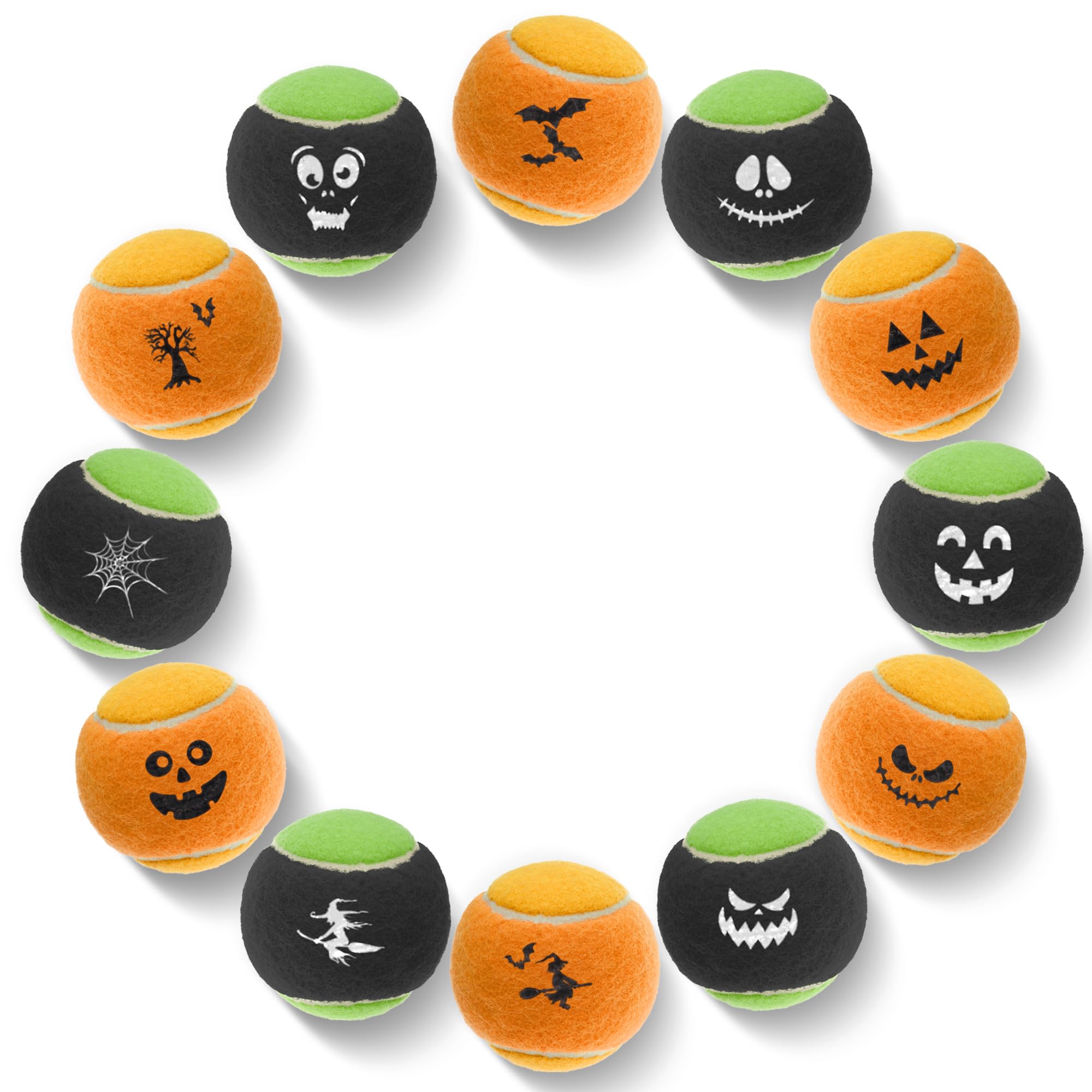 SPORTSPET Spooky SQUEAK! Balles de tennis pour chiens | Lot de 12 avec sac en maille | Balles couinantes pour chien | Balles pour chien non abrasives et sans pression | 64 mm | Jouets d'Halloween