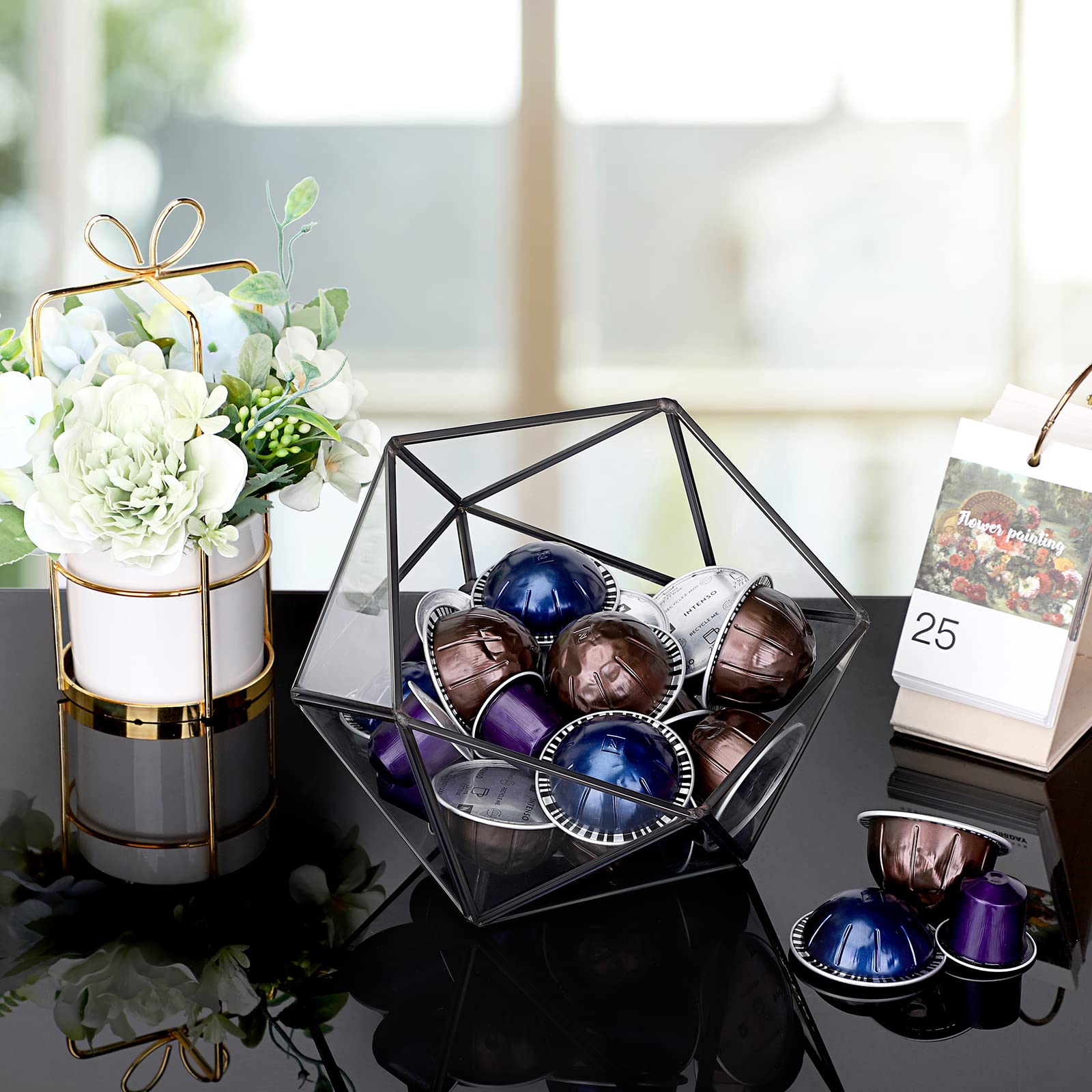 ELLDOO Porta cialde di caffè in vetro nero, 15 lati, geometrica, organizer per capsule di caffè K Cup Espresso, bustine di tè e zucchero, per cucina, bar, bancone ufficio