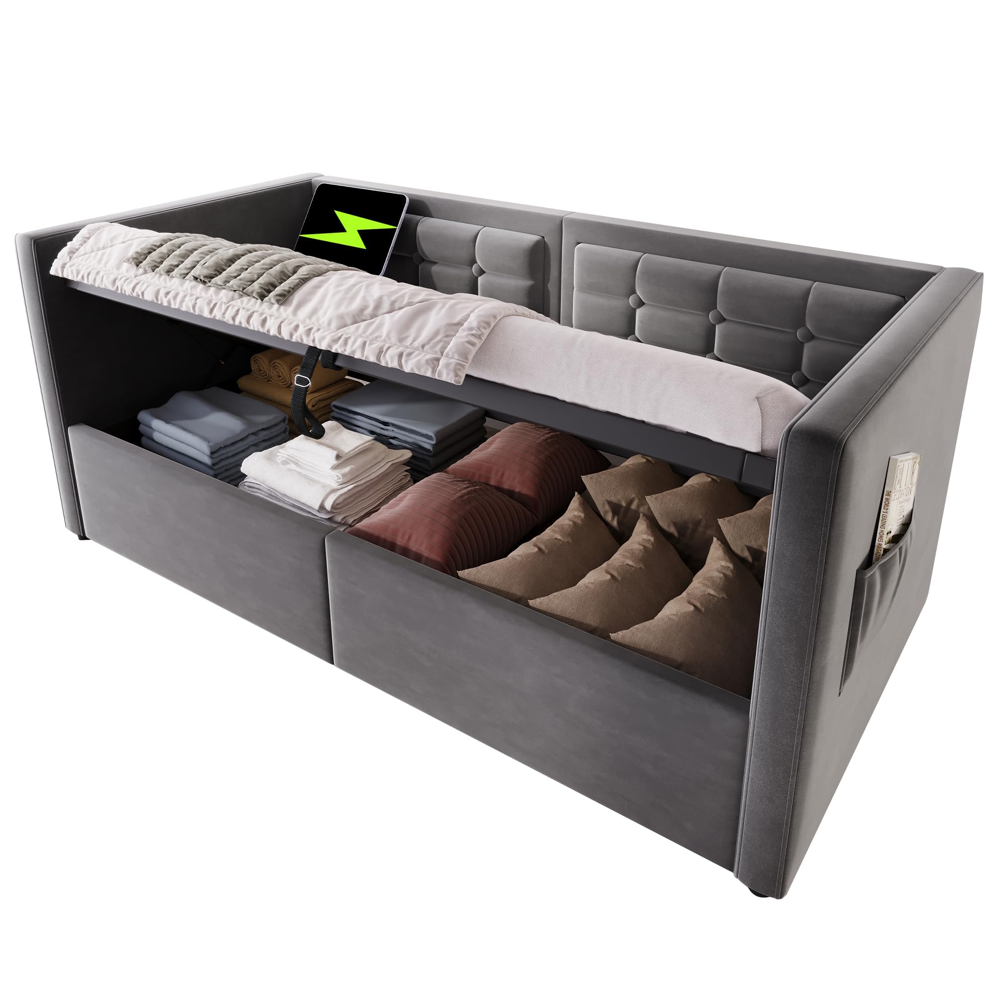 Schlafsofa Tagesbett 90x200 cm mit Aufbewahrungstasche und USB-Typ-C, Hydraulisches Bett mit Stauraum, Einzelbett Sofabett Bettgestell mit Lattenrost, Samt, Grau, Ohne Matratze