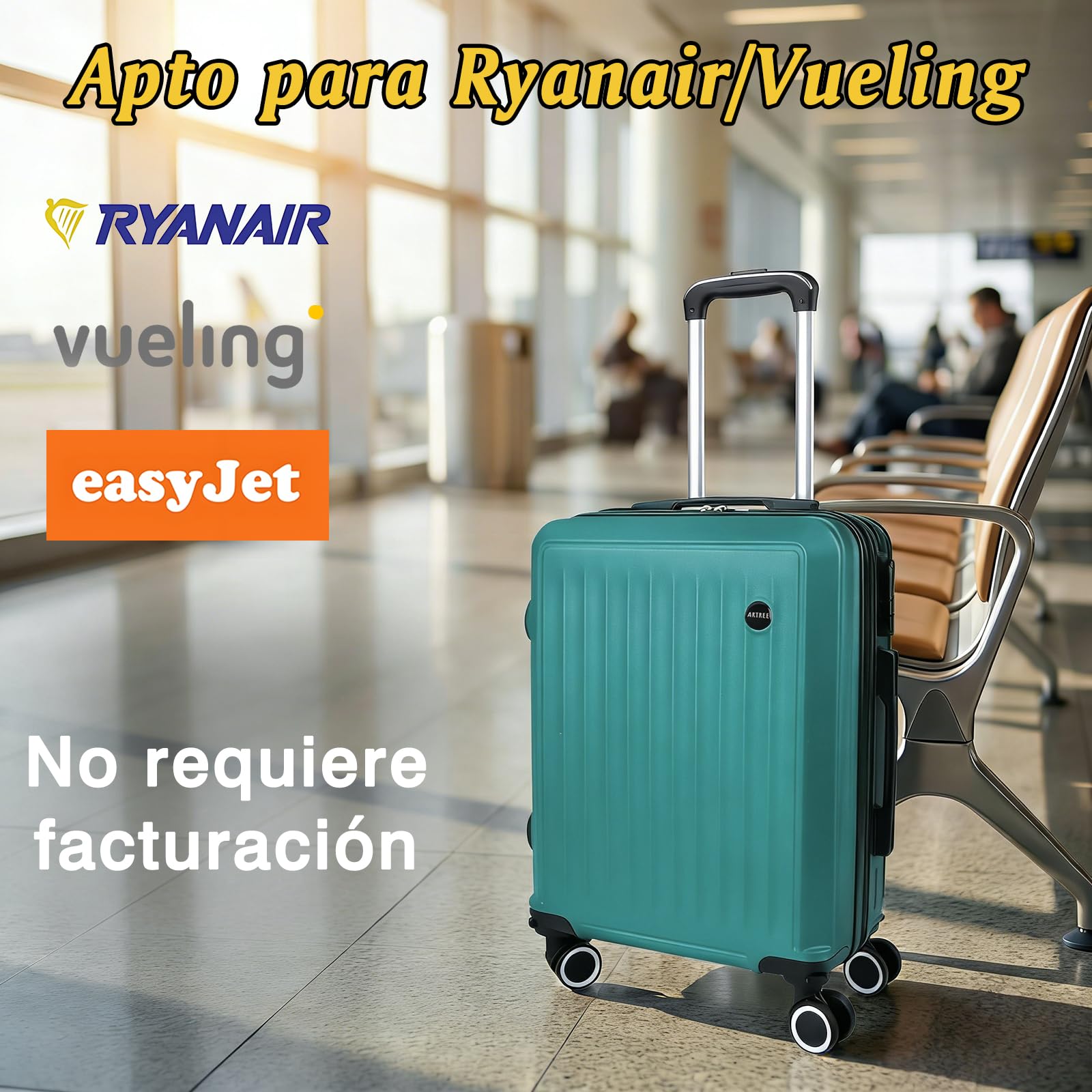 Maleta de Cabina 55x40x20cm, Trolley de Cabina Rígido Resistente Ligera de ABS Ruedas 360° con Tirador telescópico y Cerradura Seguridad, Apto para Vueling, Ryanair, EasyJet(Verde Metalizado)