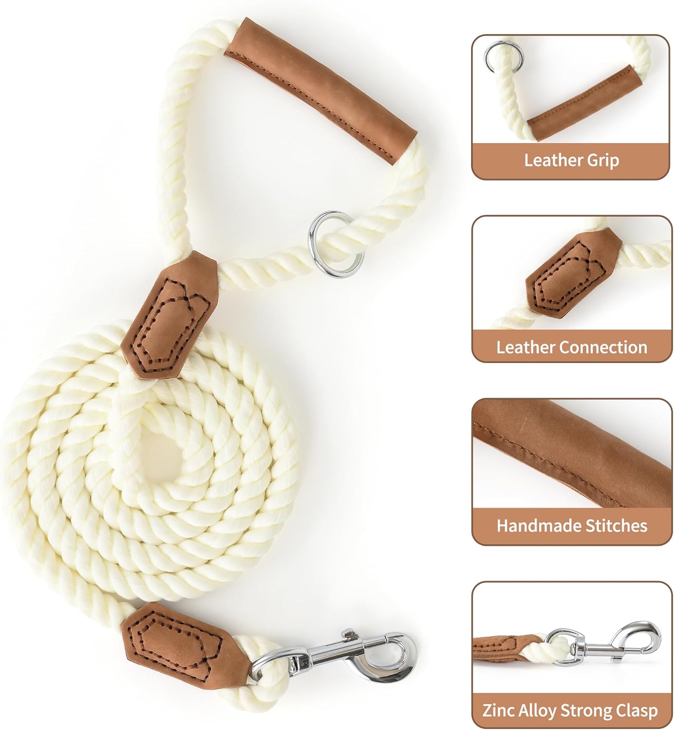 Mile High Life Dog Leash, Braided Cotton Rope Leashes with Leather Handle - Heavy Duty Metal Clasp, 5FT, 1/2" Thick - Wedding, Walking & Training Leash for Medium Large Dogs (White)
