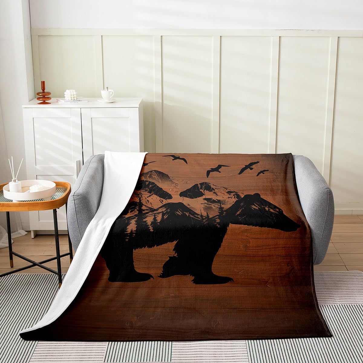 Lodge Cabin Flannel Blanket Gray Bear Pine Tree Silhouette Pattern Fleece Blanket for Bed Couch Chairs Wild Animal Western Jungle Style Bed Blanket for Kids Teens Adults Twin 60x80