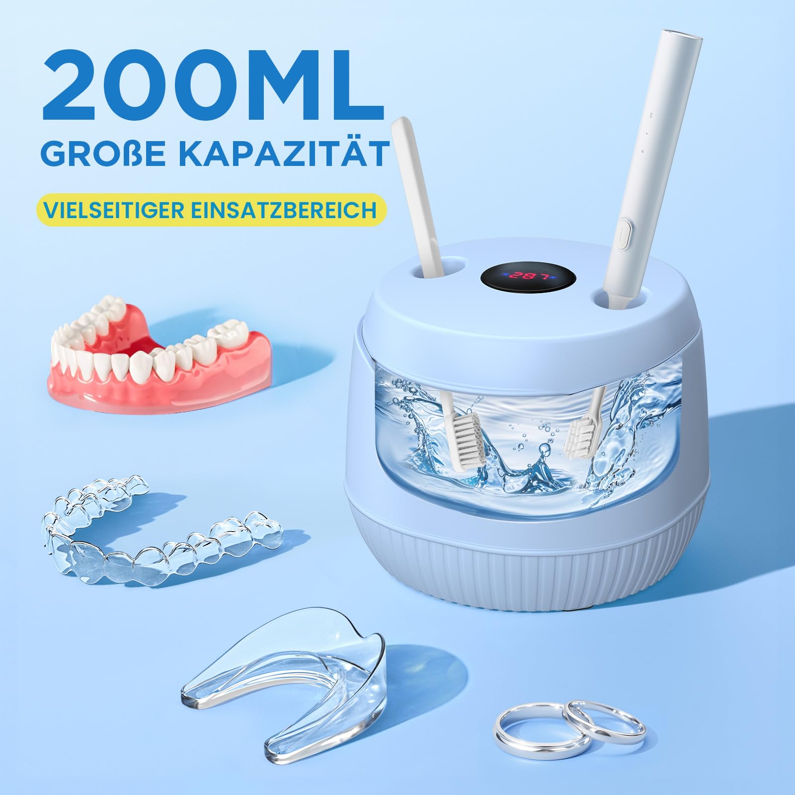 Ultraschallreinigungsgerät zahnschiene Dental Pod: 45KHz Ultrasonic Cleaner | 200ML Mit UV Ultraschallreiniger für Zahnersatz, Retainer, Aligner, Zahnschiene reinigung, Prothesen, Schmuck (Blau)