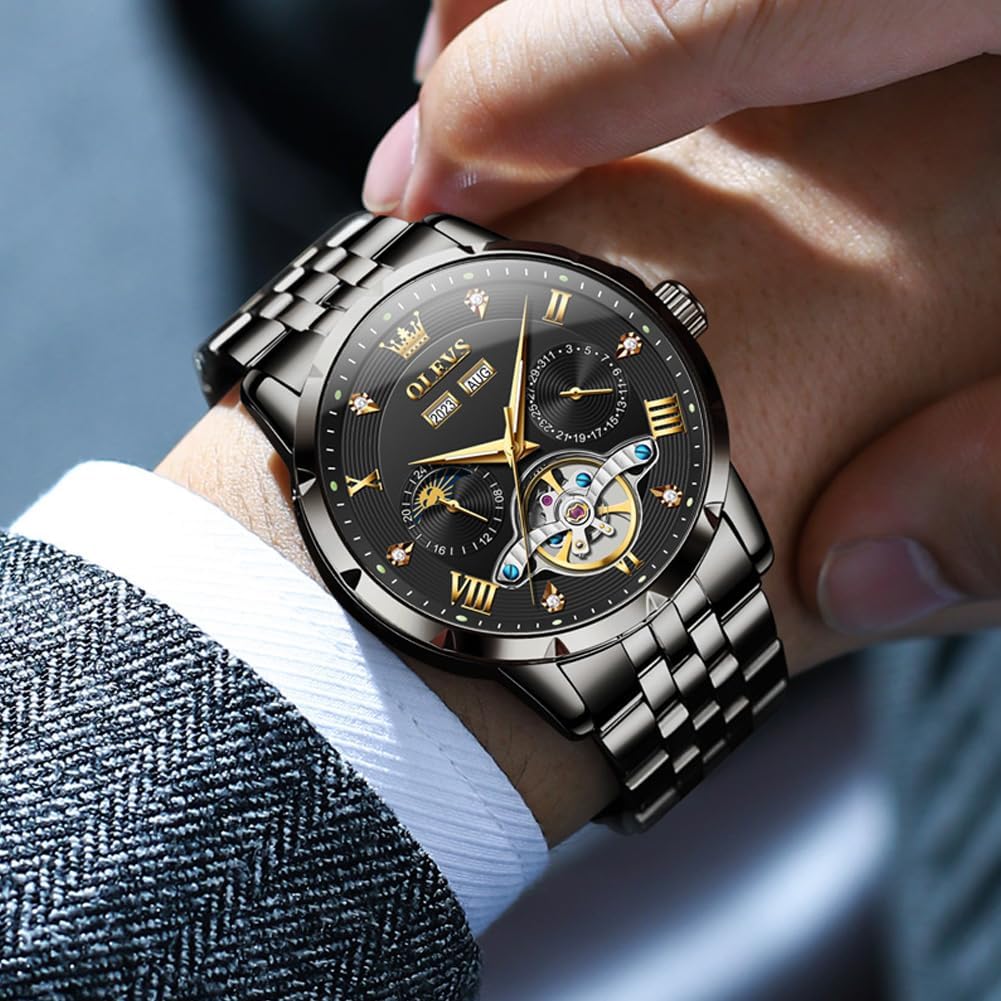 OLEVS Automatic Watches for Men Self Winding Mechanical Skeleton Luxury Dress Stainless Steel Diamond Men Wrist Watches - Image 2