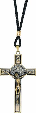 Intercession St Benedict Crucifix on Cord Necklace Antique Gold