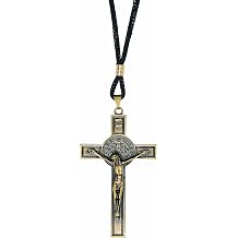 Intercession St Benedict Crucifix on Cord Necklace Antique Gold