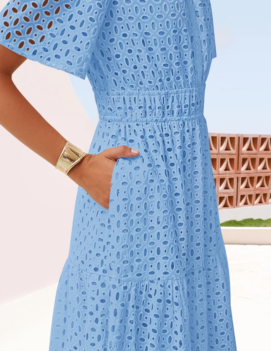 ZESICA Women's 2026 Summer Short Sleeve Maxi Dress Casual V Neck Hollow Out Eyelet Ruffle Swing A Line Long Dresses - Image 5