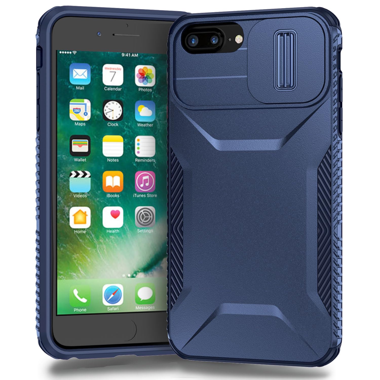Coque iPhone SE 2022 antichoc militaire à couvercle caméra coulissant bleu