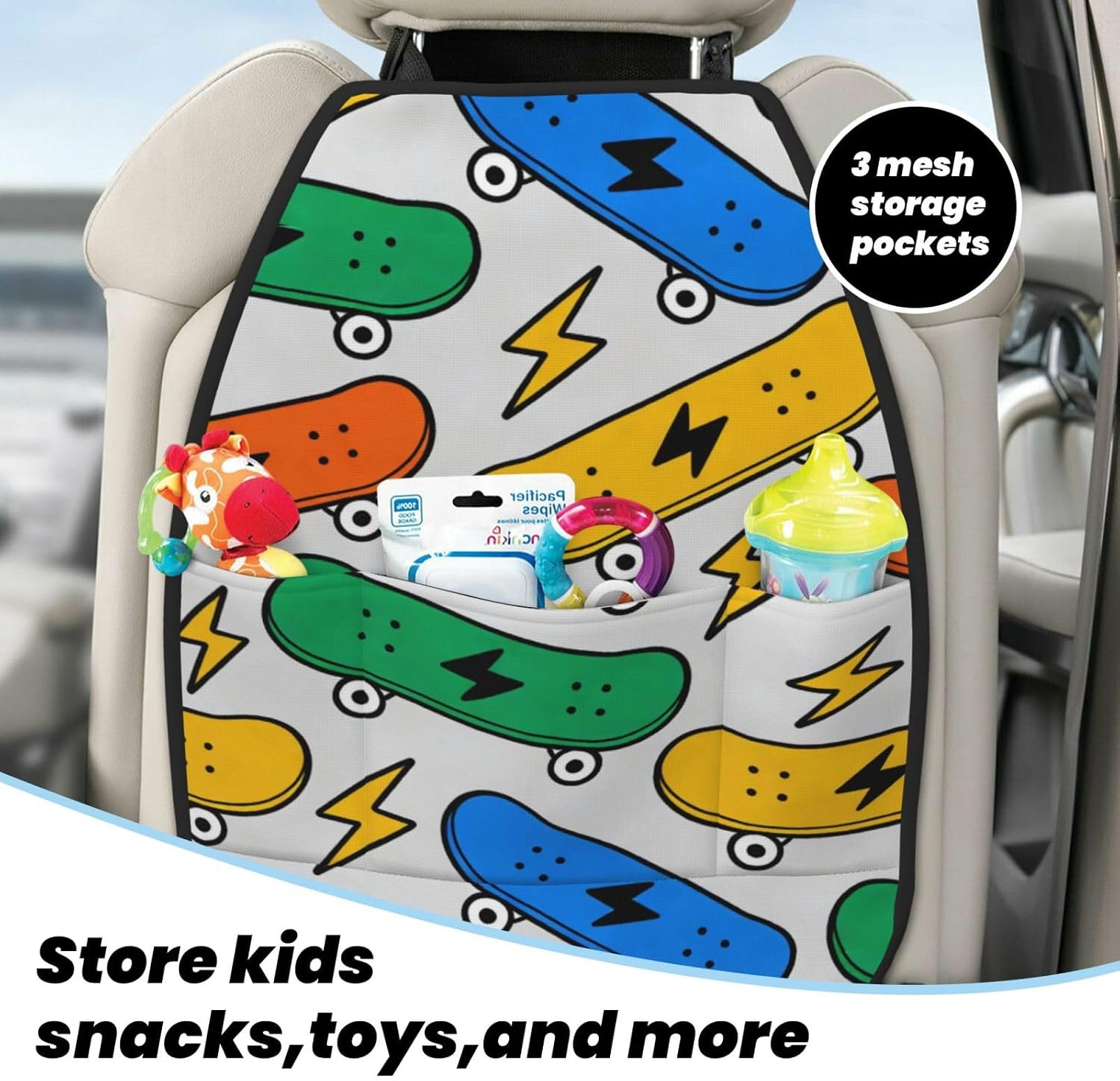 Groovy Skateboard Lightning Bolt Street Seamless Car Seat Back Kick Protector 2 Pack, 18.5x26.4 Inch Anti-Kick Pad, Waterproof Oxford Fabric Large Rear Seat Cover for Kids Pets Fits SUV Jeep T
