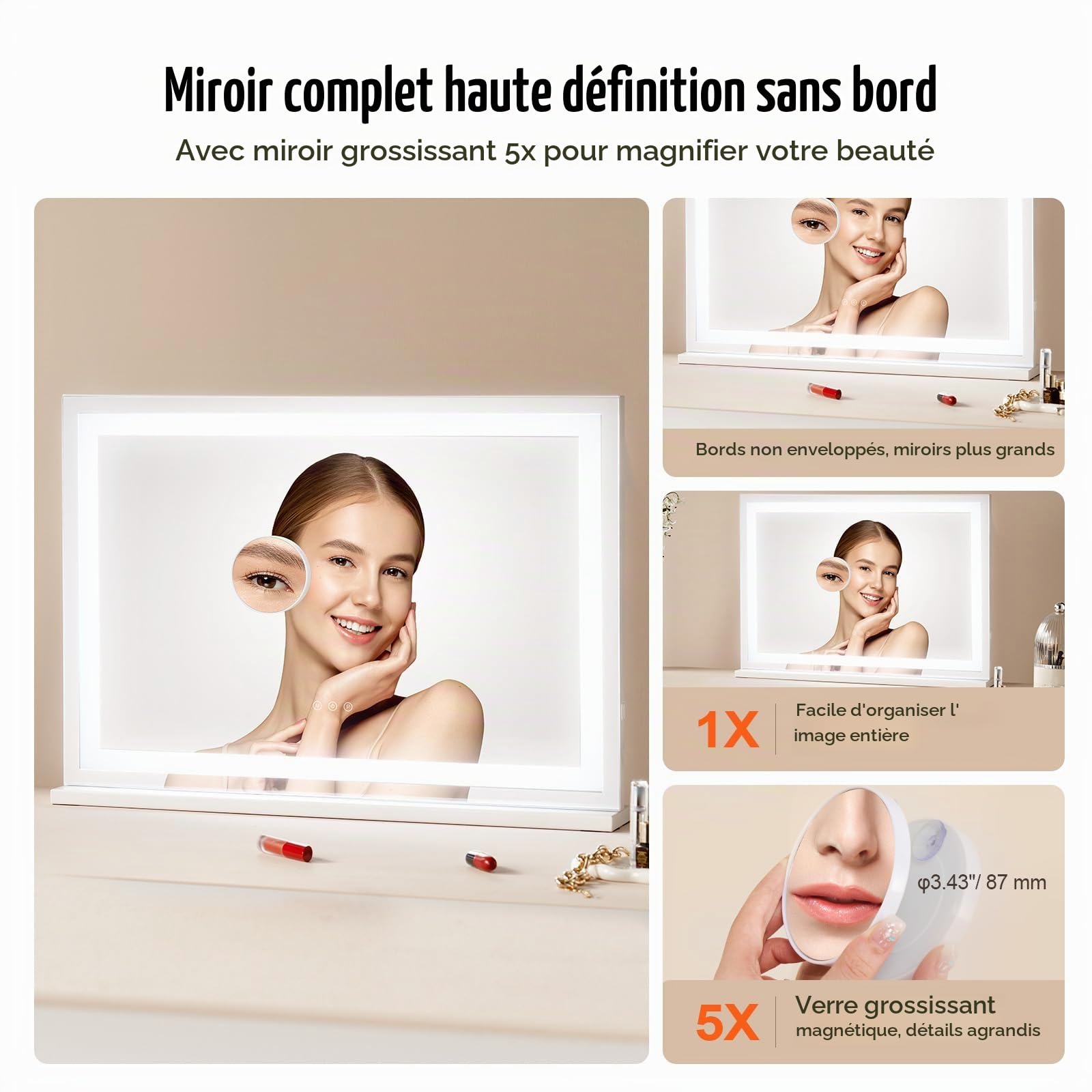 VEVOR Miroir de Maquillage Lumineux, 3 Modes Éclairage de Couleur, Grand Miroir Cosmétique Studio Lumière LED, Miroir Grossissant 5X, Port USB, Contrôle Tactile Intelligent, avec Support, 797x547 mm