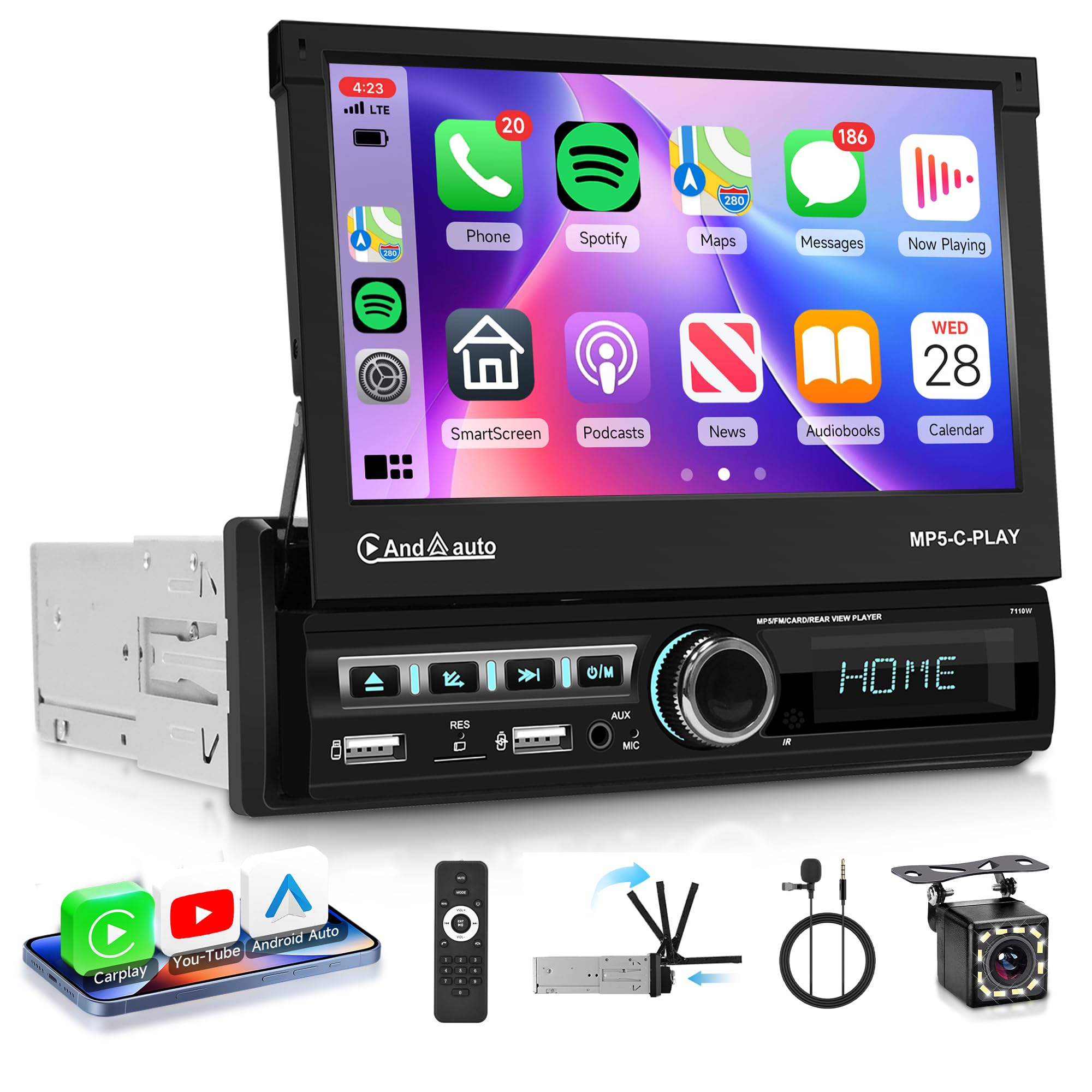 2G+64G Inalámbrica Carplay Android 13 Radio de Coche 1 DIN con You-Tube Android Auto Navi GPS WiFi 7 Pulgadas Retráctil Pantalla Radio Coche con Mirror Link Bluetooth FM/RDS/EQ/SWC Cámara Trasera