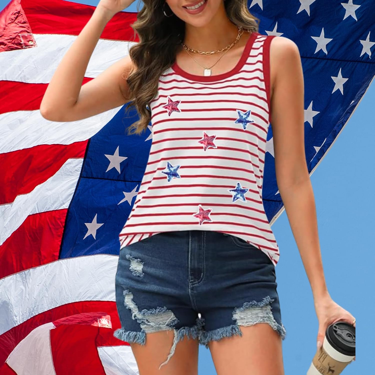 American Flag Sequin Tank Tops Women 4th of July Sleeveless Shirts Patriotic Shirt USA Vest Tees Top - Image 6