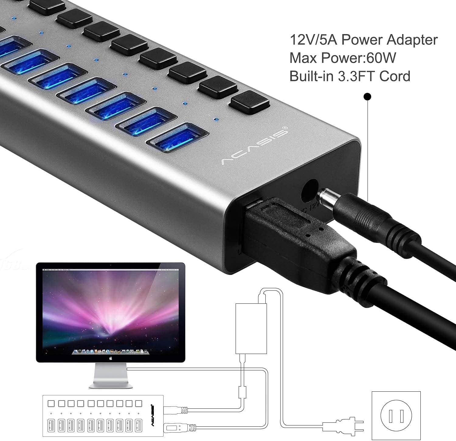 Powered USB Hub - ACASIS 10 Ports 48W USB 3.0 Data Hub - with Individual On/Off Switches and 12V/4A Power Adapter USB Hub 3.0 Splitter for Laptop, PC, Computer, Mobile HDD, Flash Drive and More : Electronics