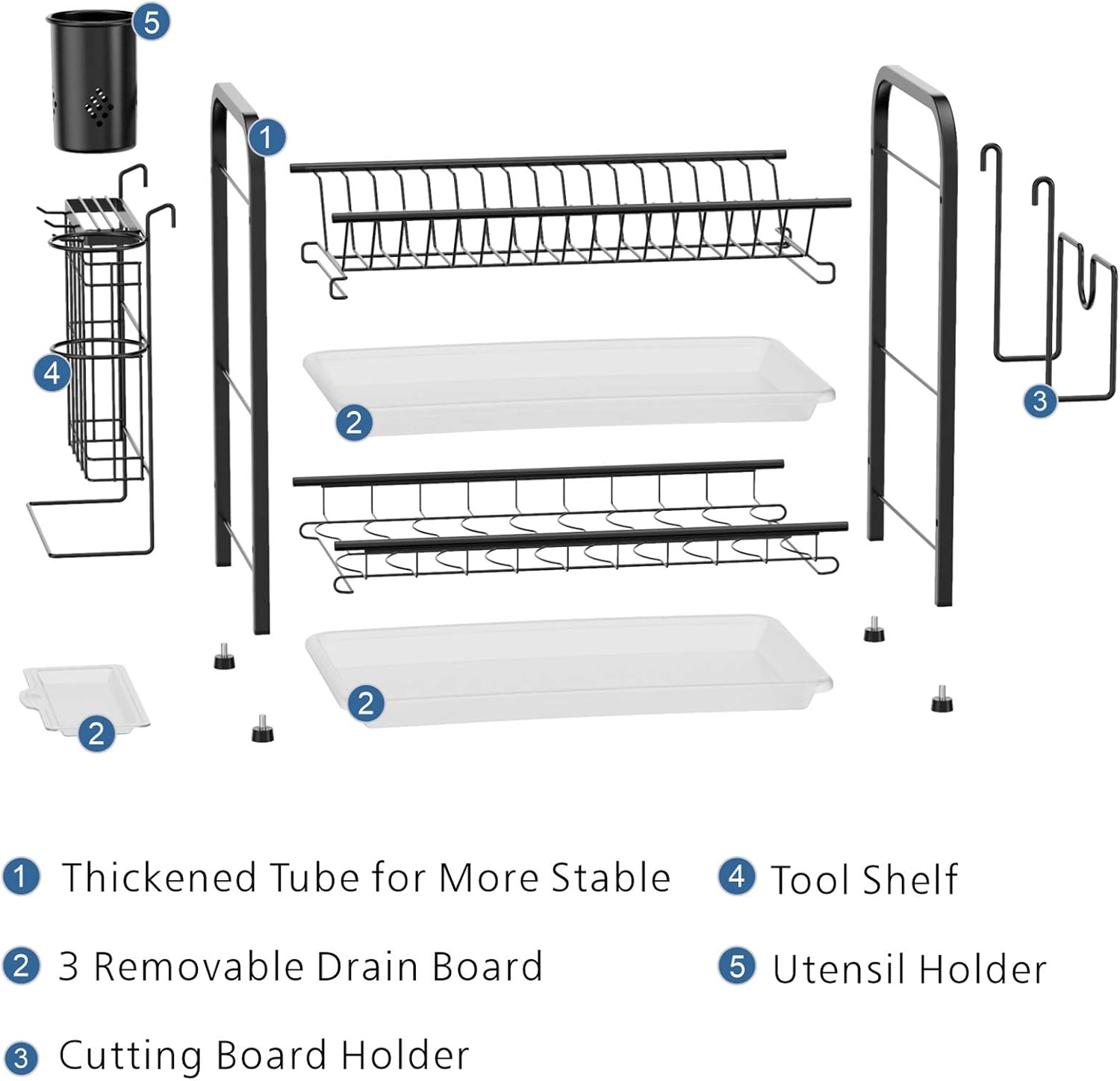 F-color Dish Drying Rack, 2 Tier Dish Rack for Kitchen Counter, 304 Stainless Steel Dish Drainer with Drain Board, Utensil Holder, Cutting Board Holder, Black