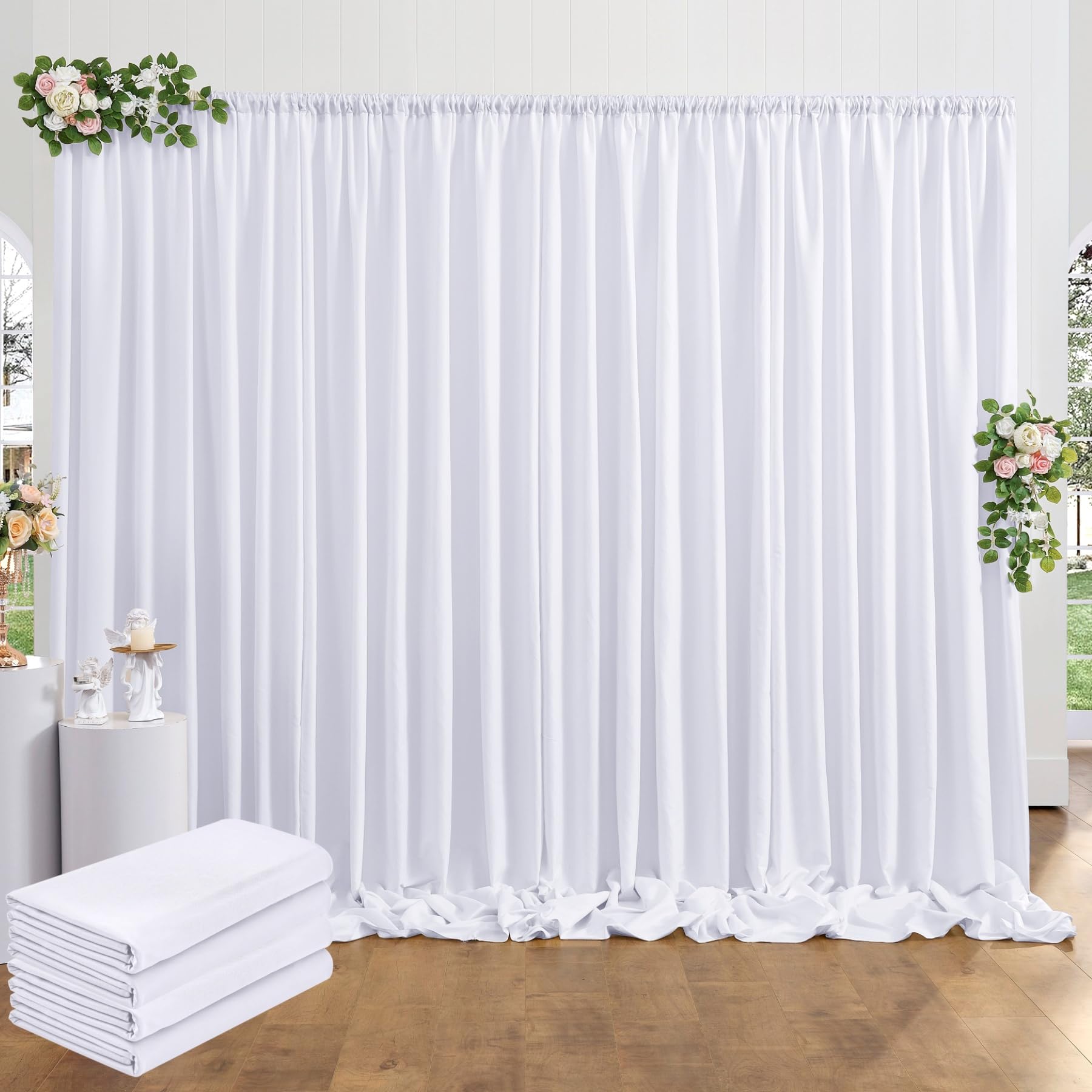 20 ft x 10 ft Thick White Backdrop Curtain for Wedding Parties, 4 Panels White Polyester Wedding Backdrop Drapes for Party Birthday Backdrop