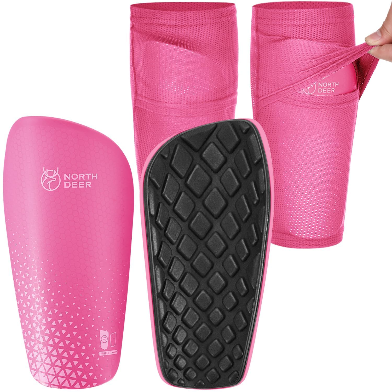 Northdeer Kids Football Shin Guards incl. Sleeves with Optimized Insert Pocket - Protective Shin Pads for Kids Adults (Pink L)