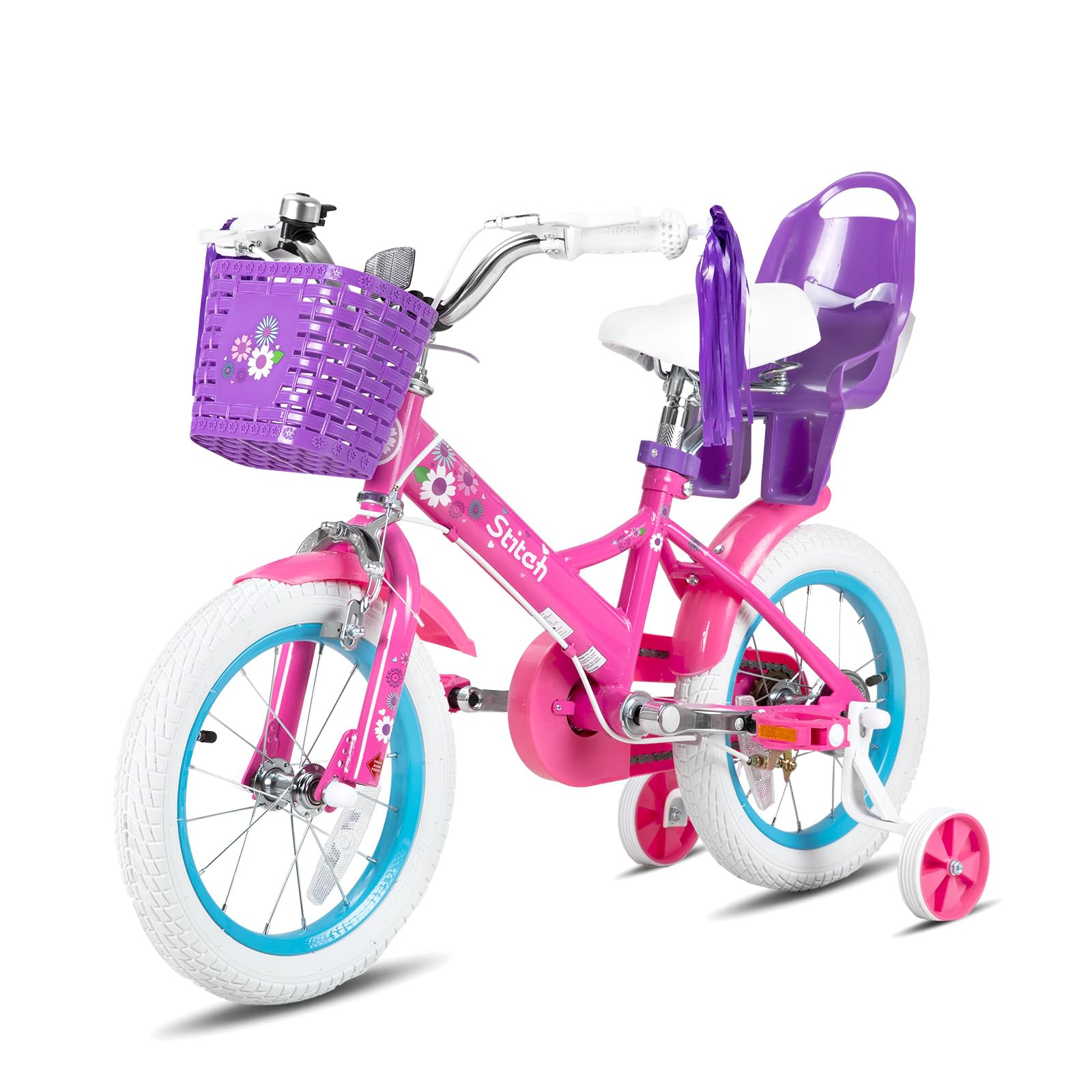 STITCH Little Daisy - Bicicletta per bambini da 3 a 5 anni, 14 pollici, con ruote di supporto con cestino e stelle filanti, colore: Viola