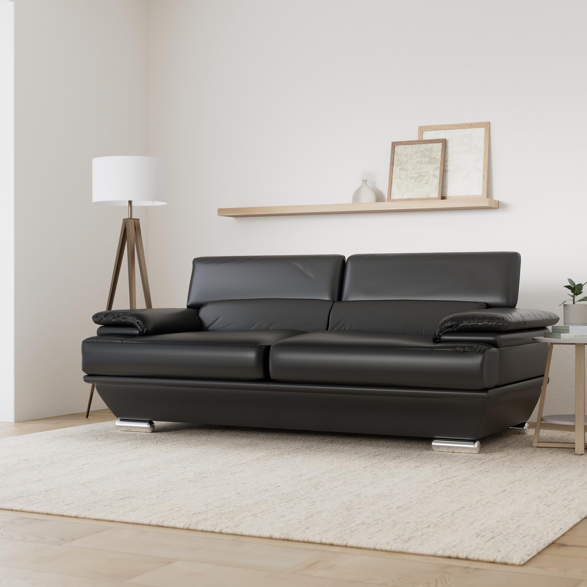 Miliboo Canapé Design avec têtières Ajustables 3 Places Cuir Noir et Acier chromé Ewing