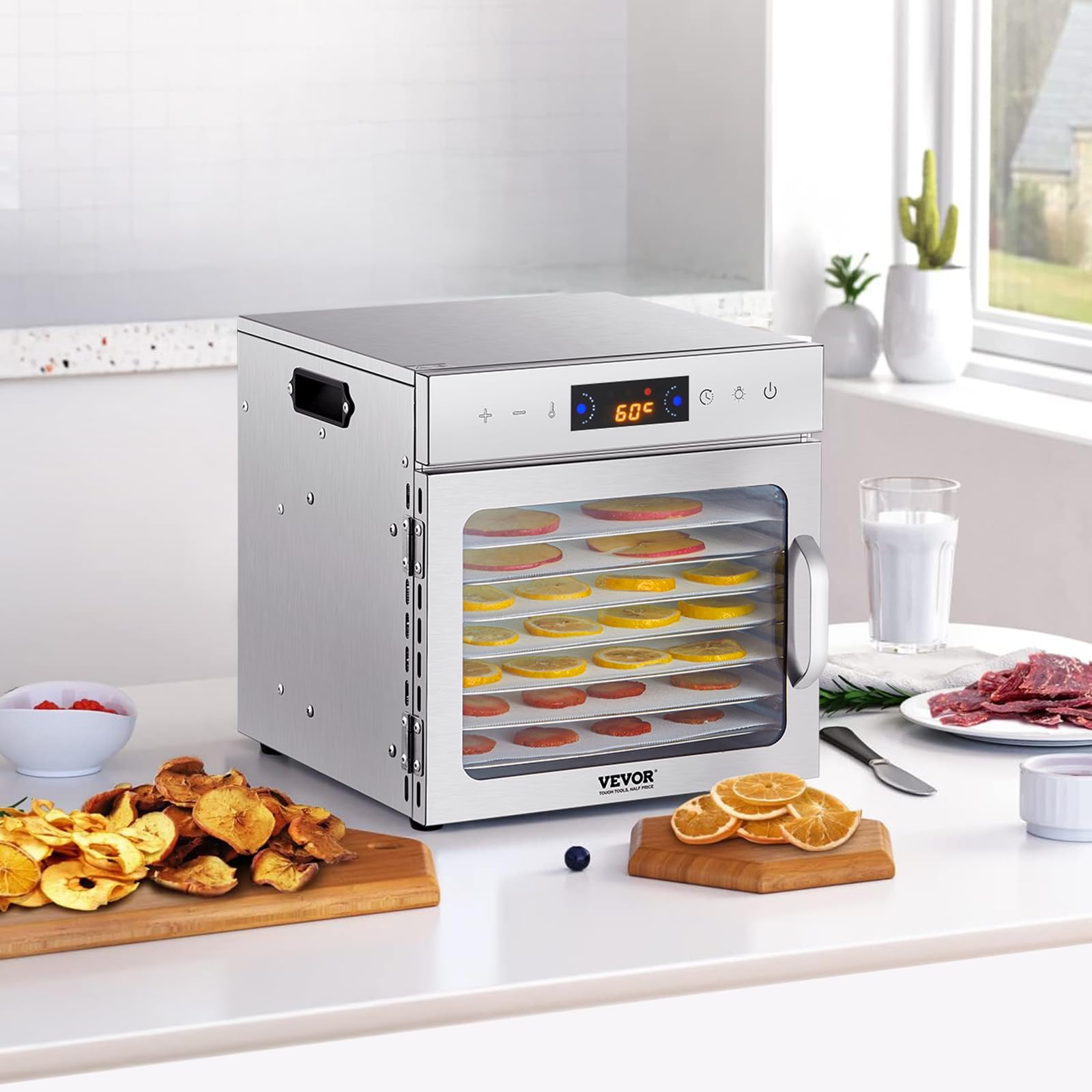 VEVOR Suszarka do żywności 8 tacek ze stali nierdzewnej, elektryczna suszarka do żywności 400 W regulowana temperatura suszonego mięsa, owoce, warzywa, zioła aromatyczne, smakołyki dla psów