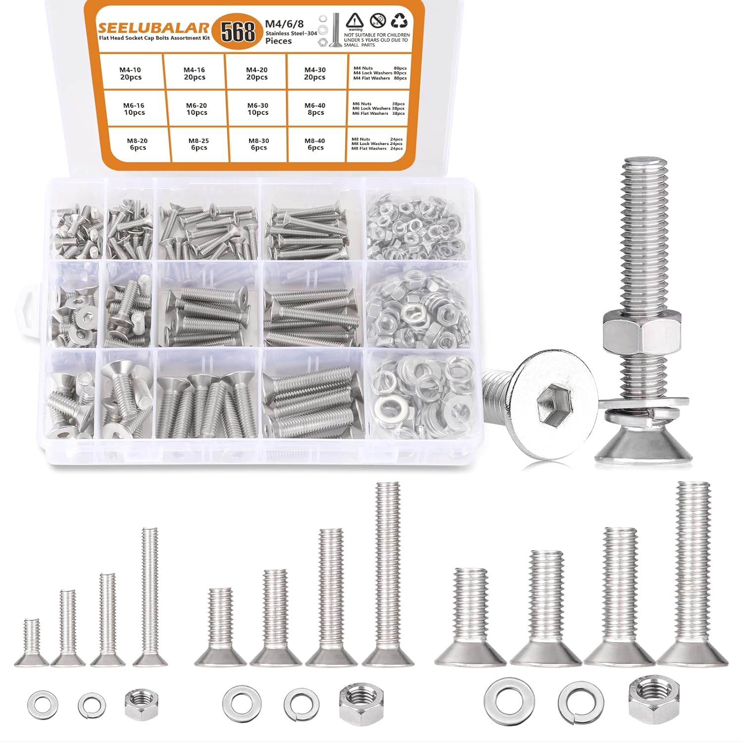 568 pcs M4/M6/M8 Hex Socket Flat Head Screw Bolts and Nuts Kit, Stainless Metric Thread Hexagon Allen Machine Bolt Assortment Kit, Socket Cap Screws Set with Flat & Lock Washers