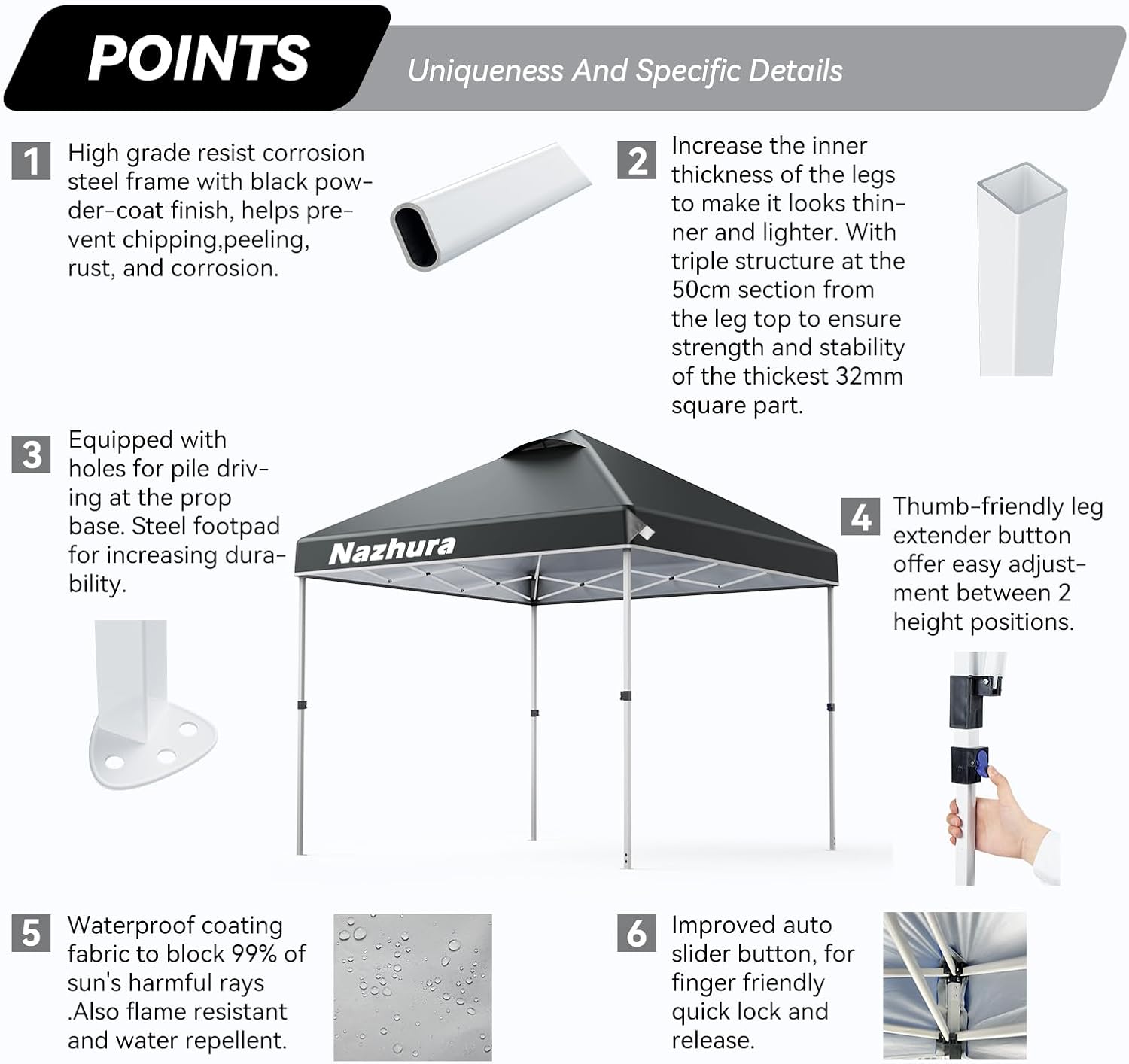 Nazhura 10' x 10' Pop Up Canopy Tent with Sand Weight Bag, Awing for Patio, Freestanding Sun Shelter for Picnic and Camping, One Person Setup, White (Grey)