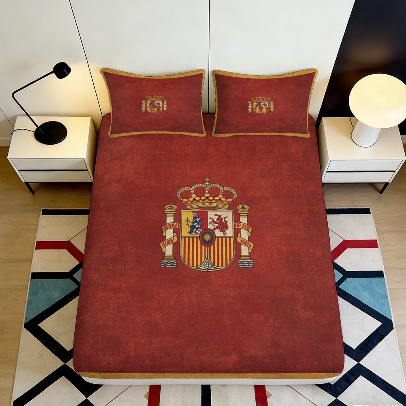 3D Printed Spanish Flag Fitted Sheet Microfiber Soft Red Bed Sheet Crest Mattress Cover for Bedroom Guest Room Decor 90x200x25cm
