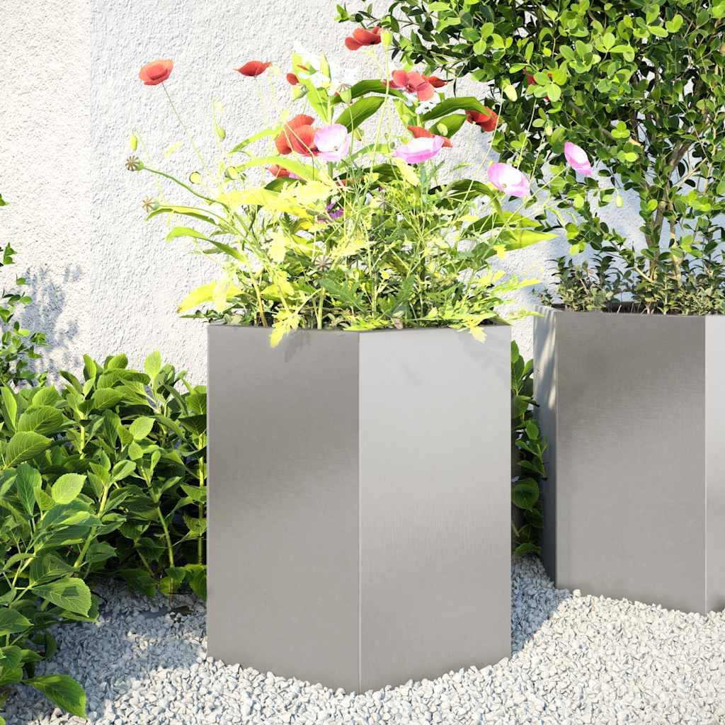 Jardineras de jardín de 2 piezas negras hexagonales de acero inoxidable para plantas, flores y hierbas aromáticas con diseño elevado y abierto para drenaje, ideal para huerto
