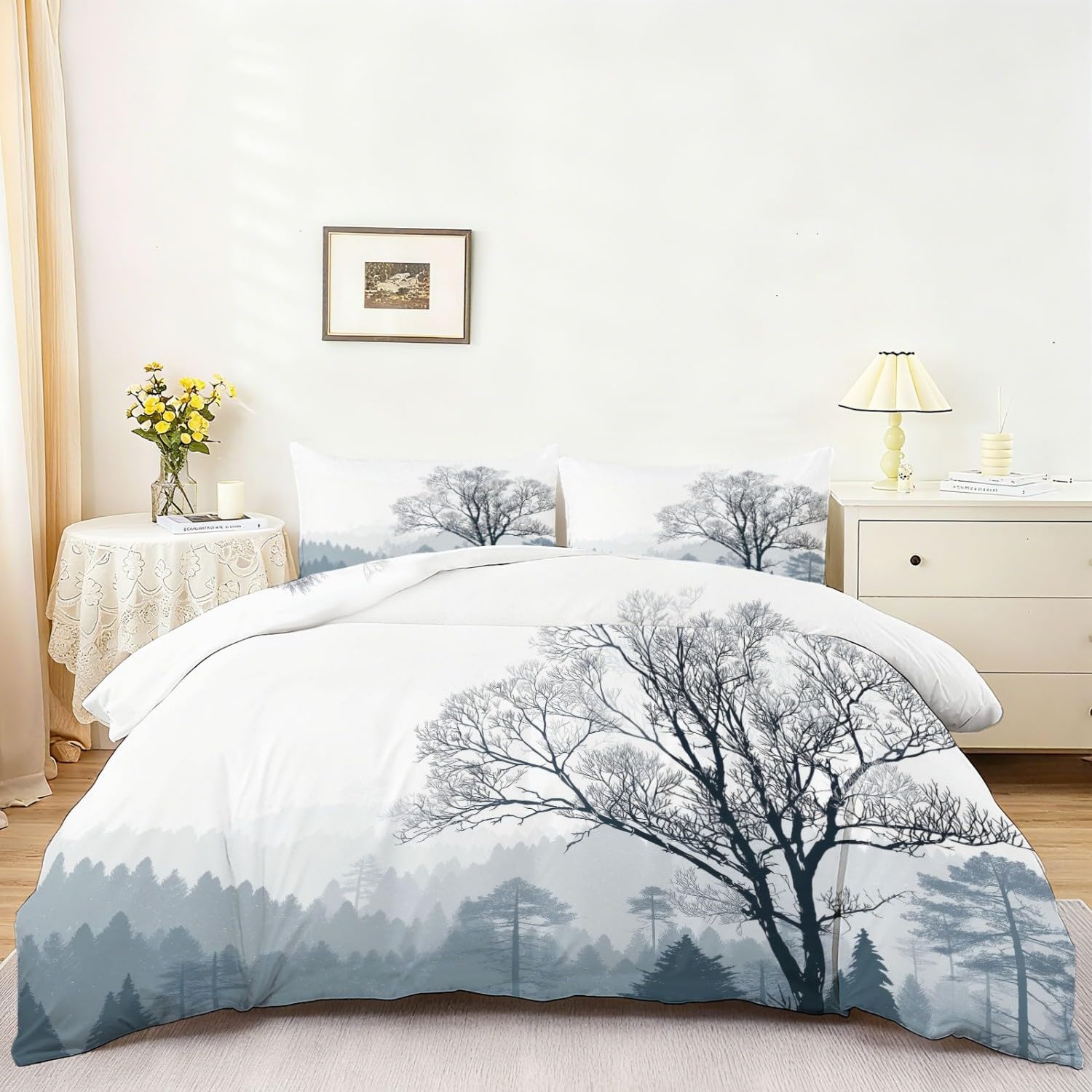 Zestaw poszewek na kołdrę – poszewki na kołdrę na łóżko pojedyncze 135 x 200 cm, oddychająca, miękka, szczotkowana mikrofibra, naturalna sceneria, lasy, mgła, dwustronny zestaw pościeli z zamkiem