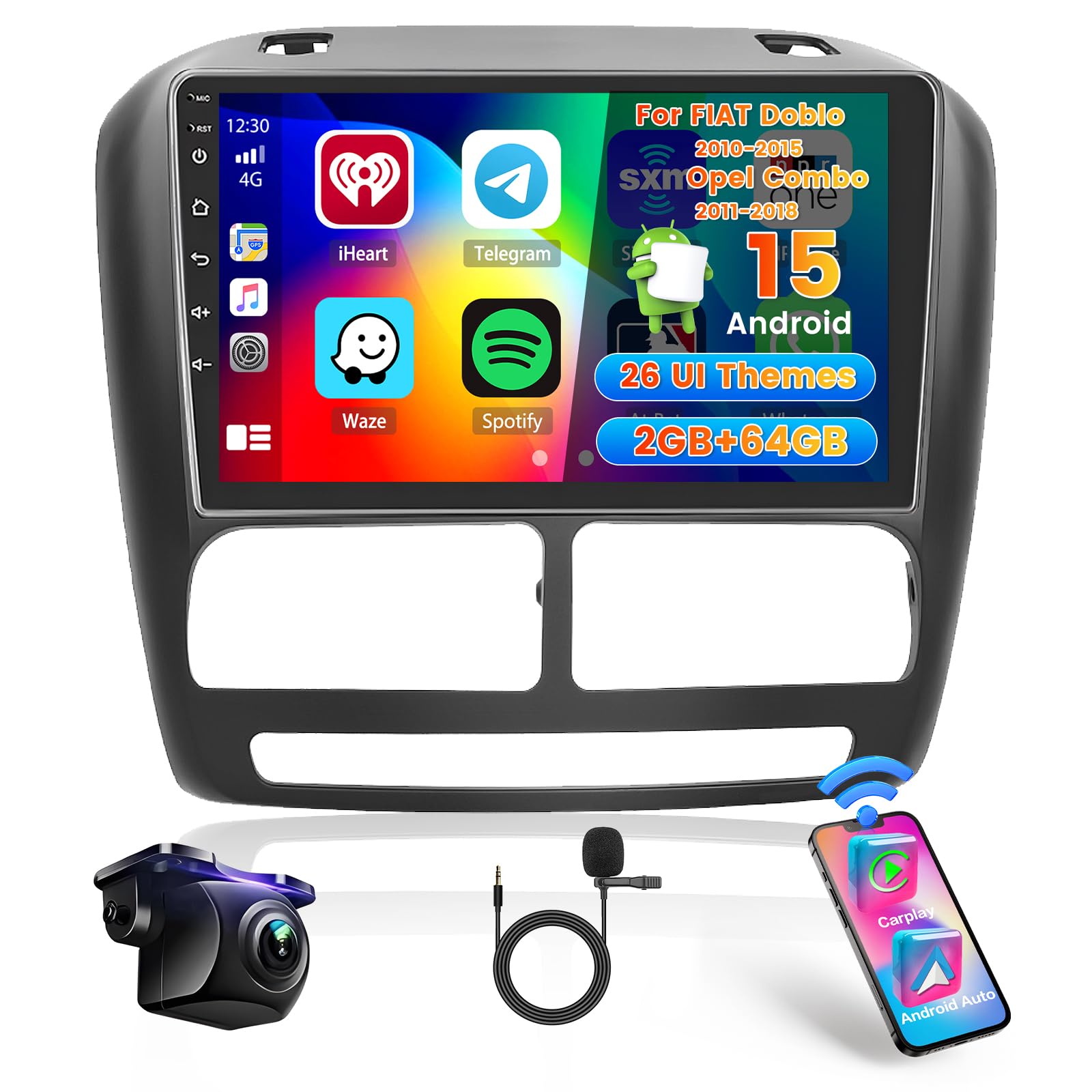 Roinvou 2+64GB Pantalla Android para FIAT Doblo 2010-2015/Opel Combo 2011-2018 Carplay Android Auto, 9 Pulgadas Pantalla Táctil Estéreo Autoradio Bluetooth con WiFi GPS EQ FM/RDS SWC Cámara Trasera