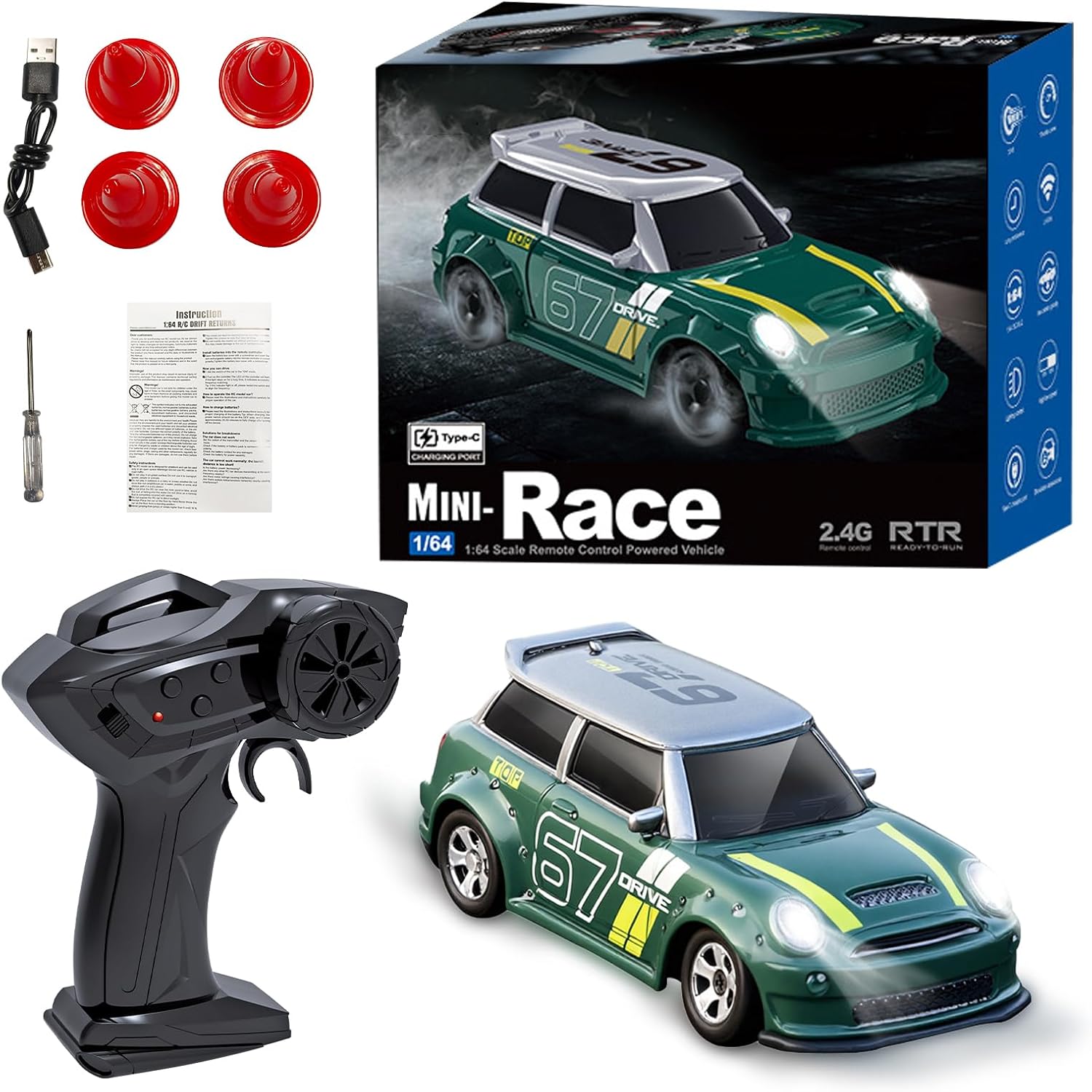 1:64 Scale Mini RC Drift Car, 2.4GHz 4WD Desktop RC Drift Car, Handheld Racing Mini Vehicle with LED Lights, Speed Switching Racing Sport Toy for Adults Teens (Green)