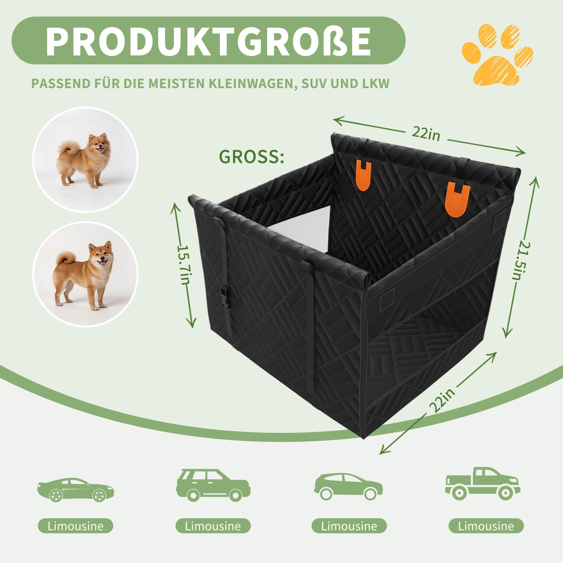 Siège auto pour chien Taille moyenne et petite ceinture de sécurité compatible avec le siège arrière S | Facile à nettoyer, matériau imperméable, avec 4 sangles de fixation, support pliable, fenêtre en maille respirante